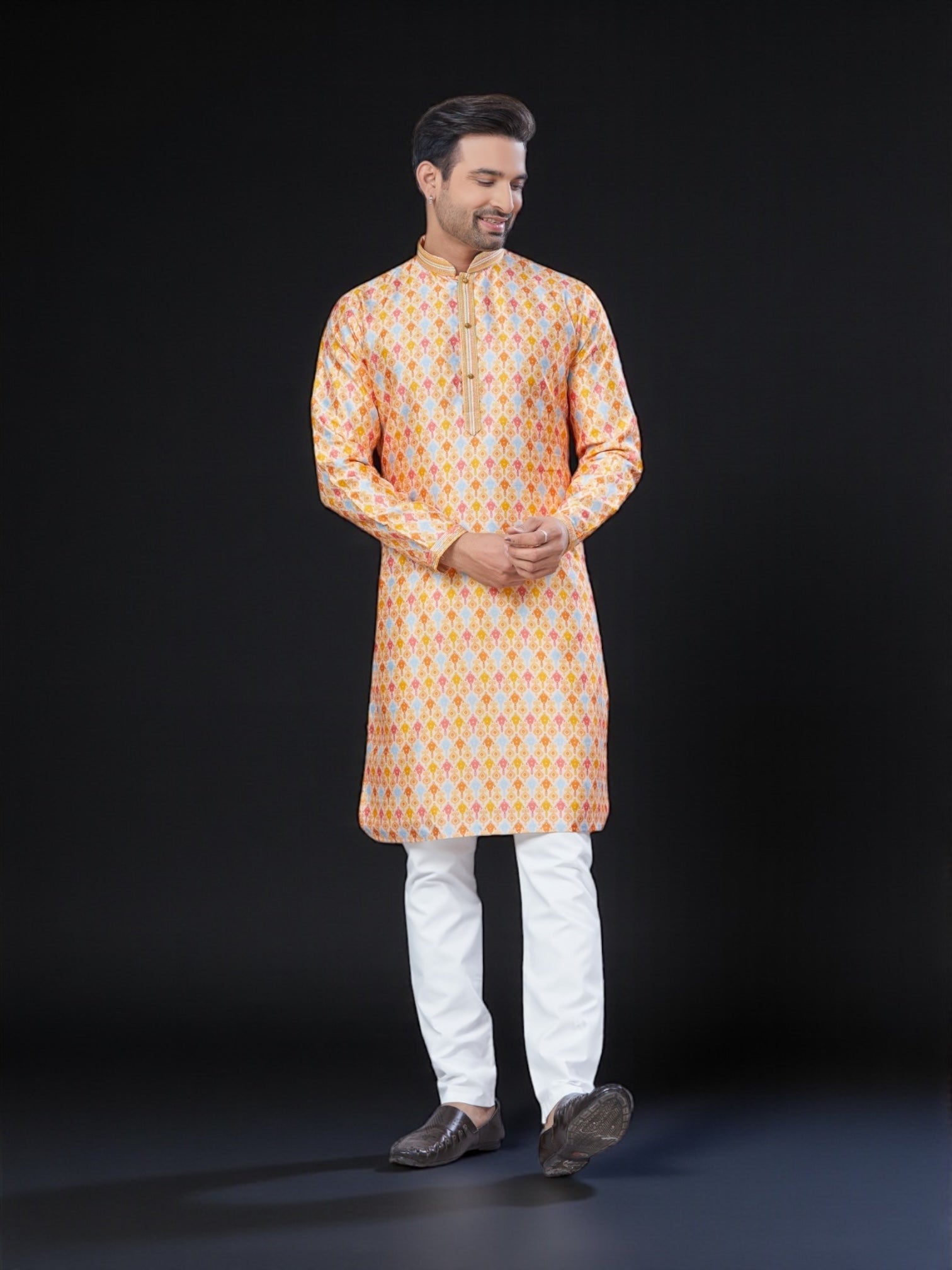 Orange Color Traditional Men's Kurta Pajama Set– Cultural Wear for Men