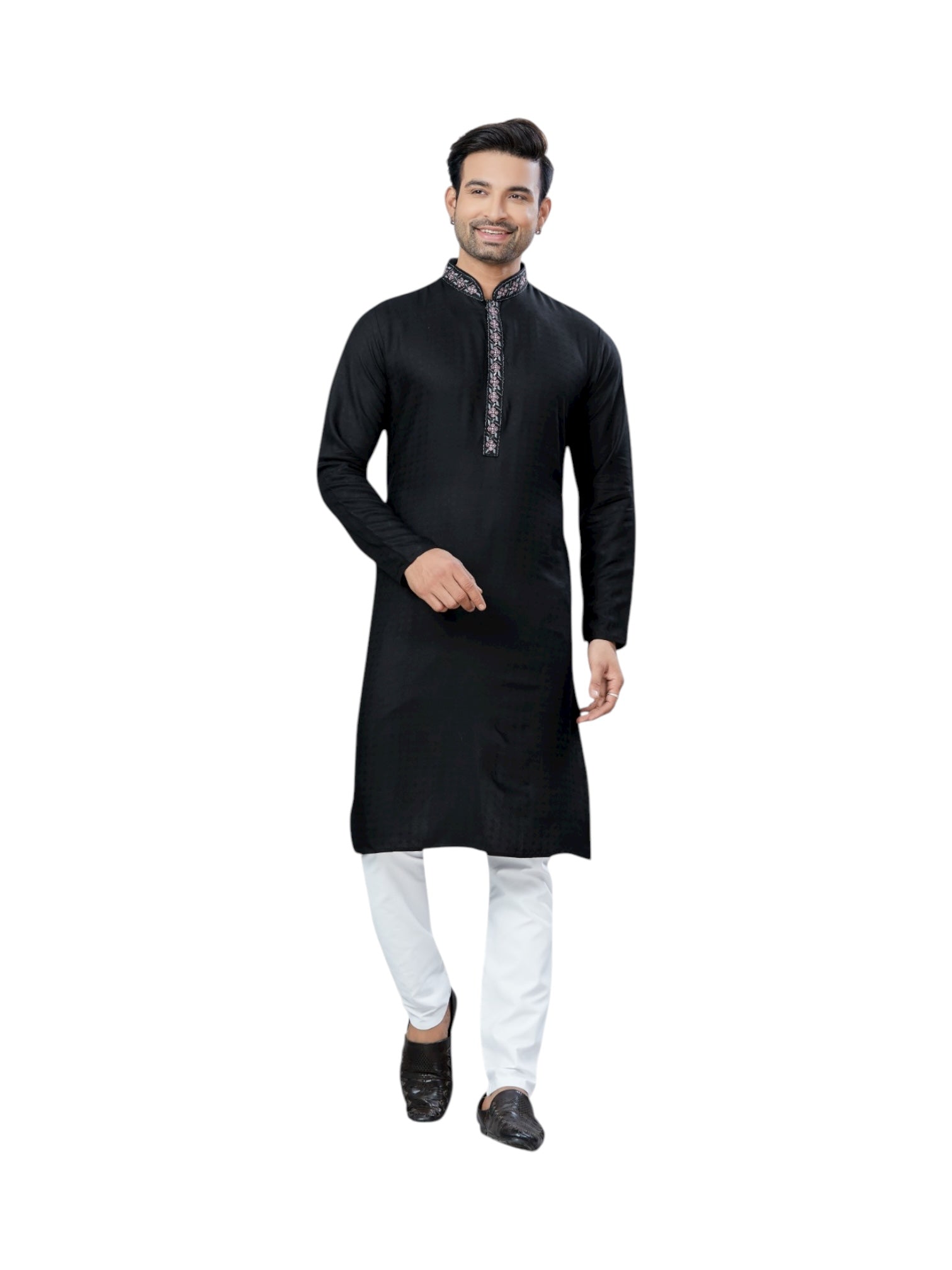 Black traditional men's kurta and pajama set by Saree Ghor Charlotte, featuring classic cultural wear for men.