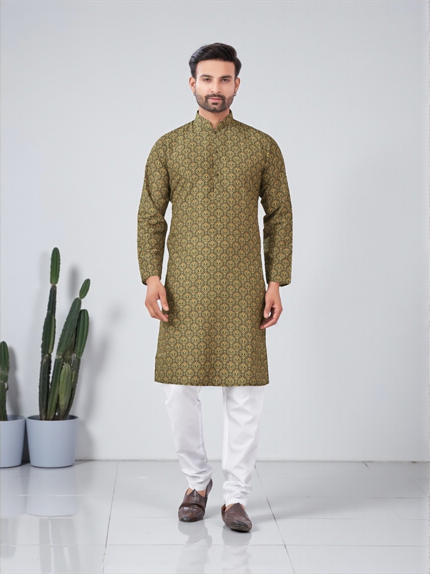Traditional men's kurta pajama set in vibrant mehendi color by Saree Ghor Charlotte, featuring intricate design and comfortable fit.