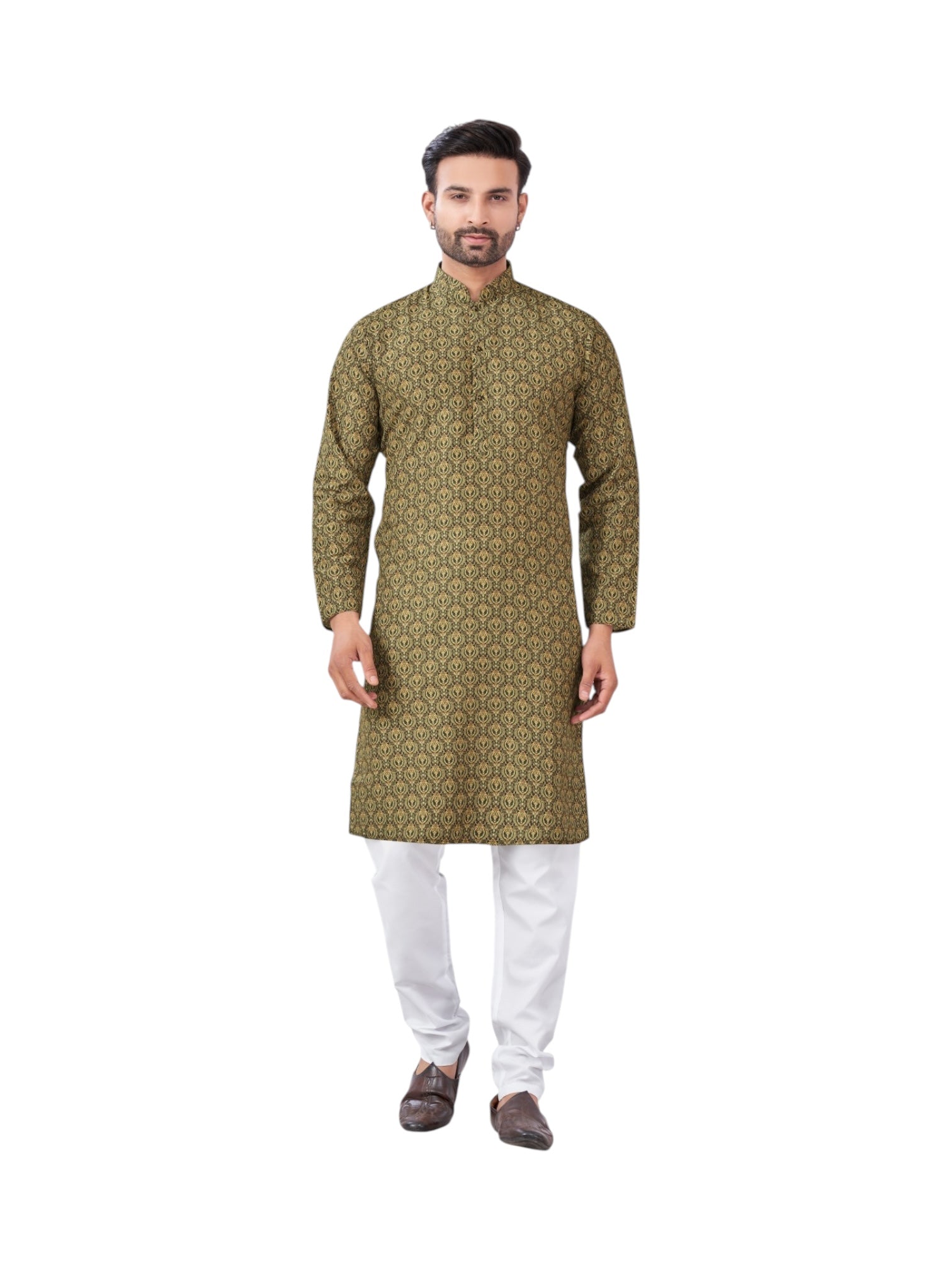 Traditional men's kurta and pajama set in Mehendi color by Saree Ghor Charlotte, featuring intricate embroidery and classic design.
