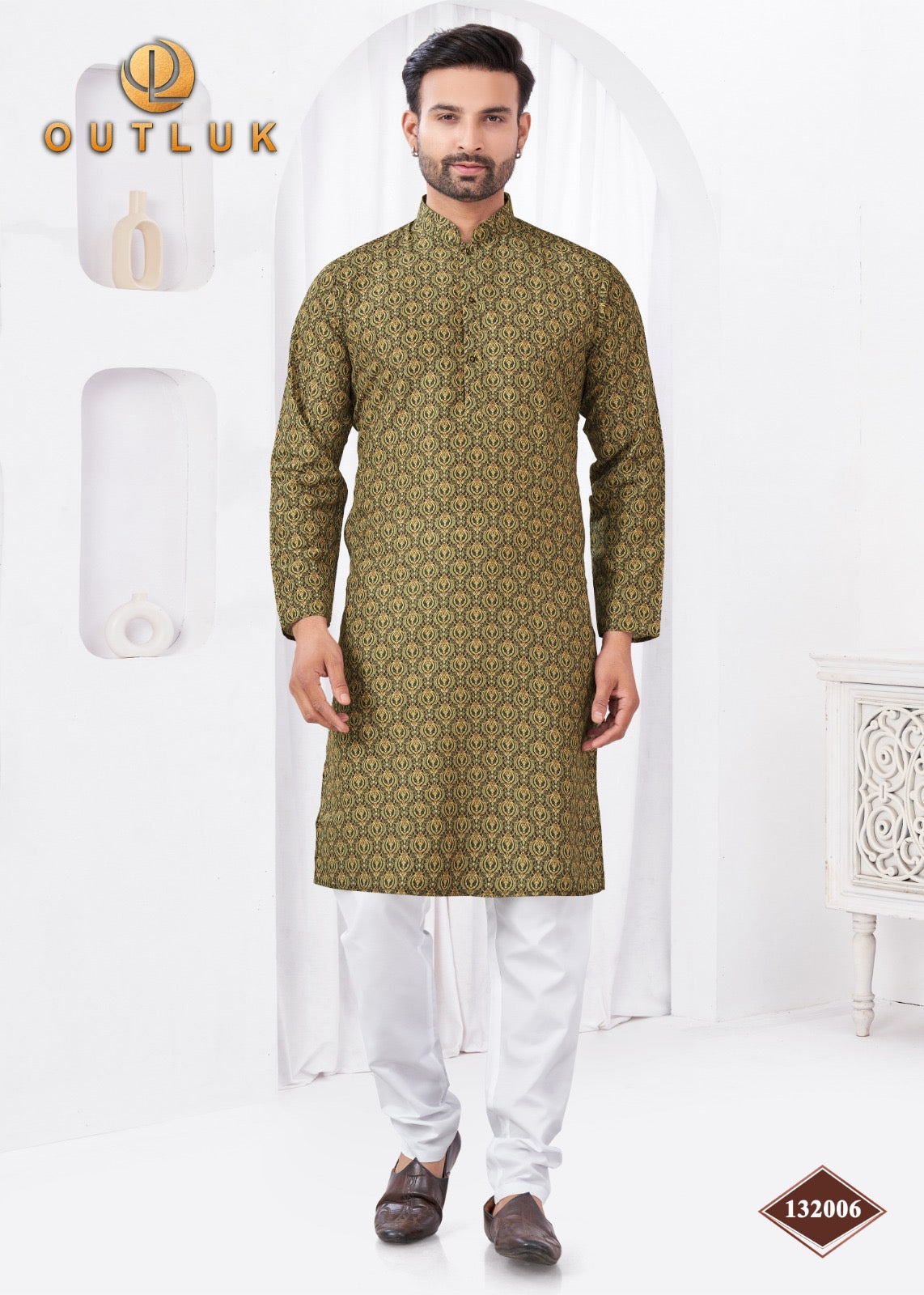 Traditional men's kurta pajama set in mehendi color from Saree Ghor Charlotte, featuring a classic design for cultural wear.