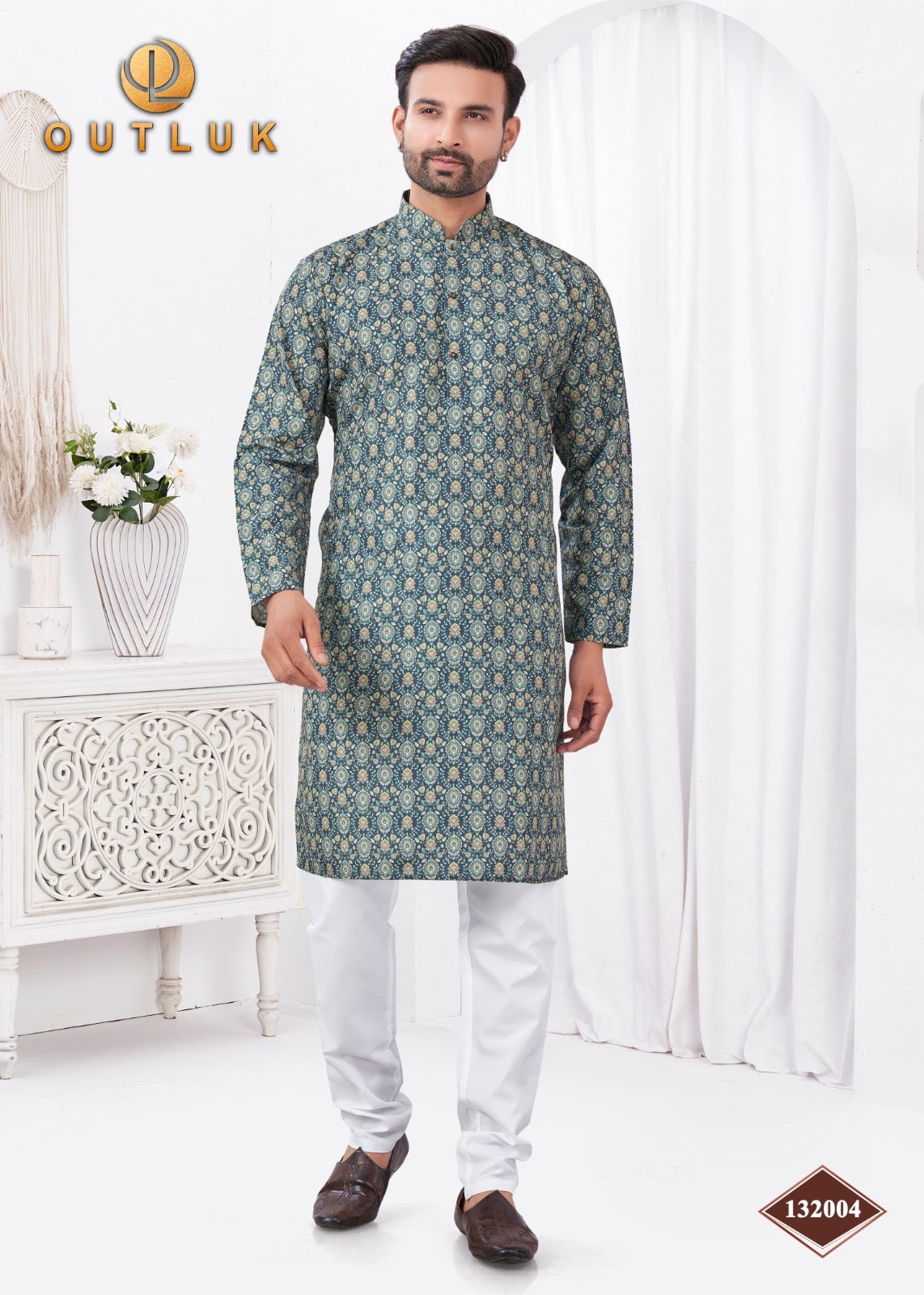 Blue traditional men's kurta and pajama set by Saree Ghor Charlotte, featuring classic design and cultural attire for men.