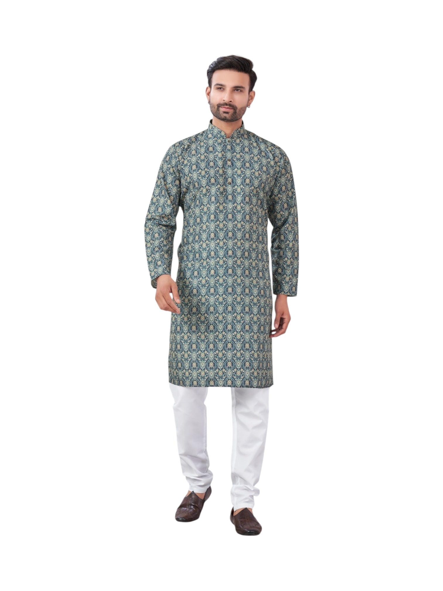 Blue traditional men's kurta and pajama set by Saree Ghor Charlotte, featuring classic cultural wear with intricate detailing.