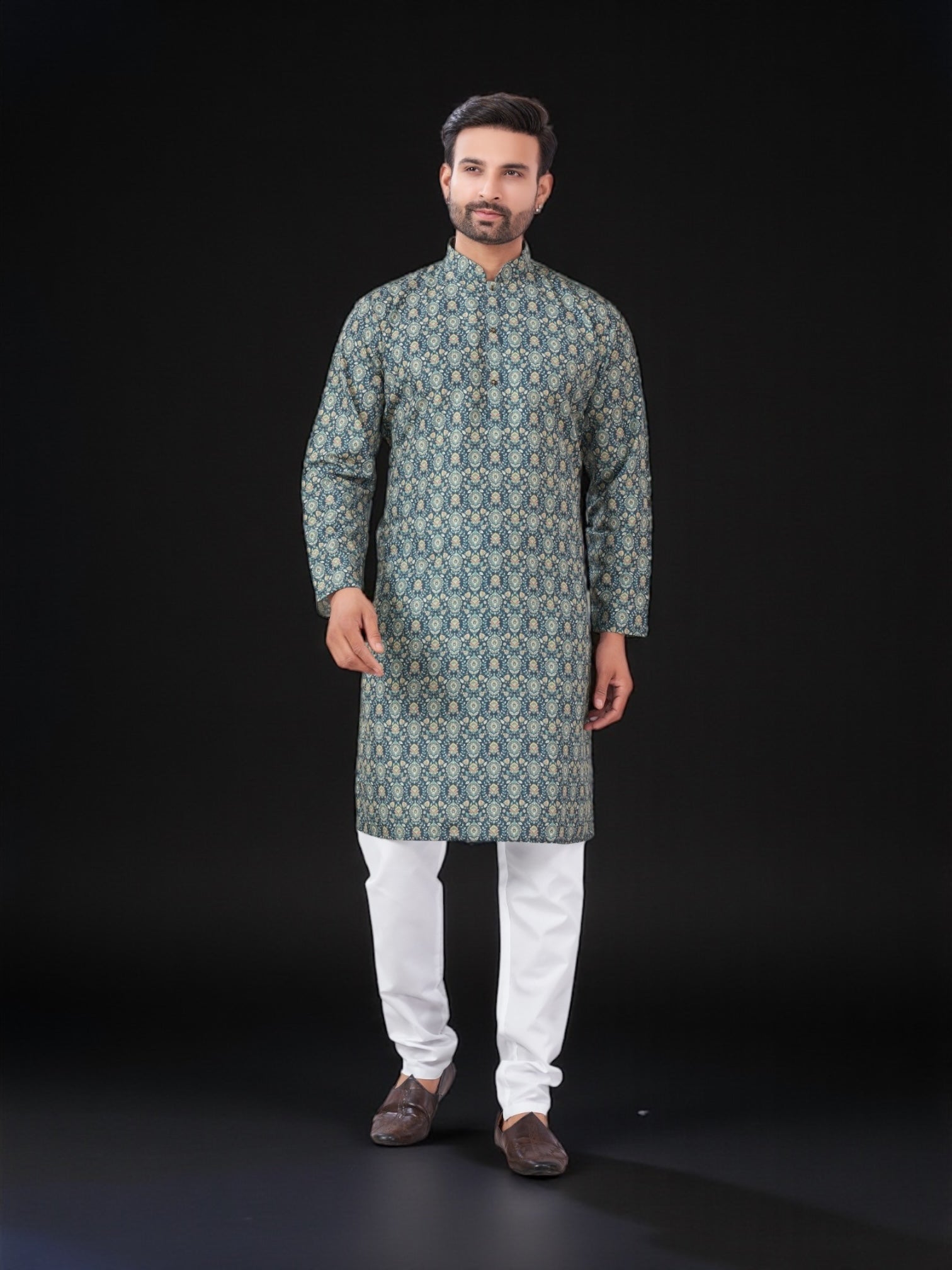 Blue traditional men's kurta and pajama set from Saree Ghor Charlotte, featuring intricate embroidery and classic design.