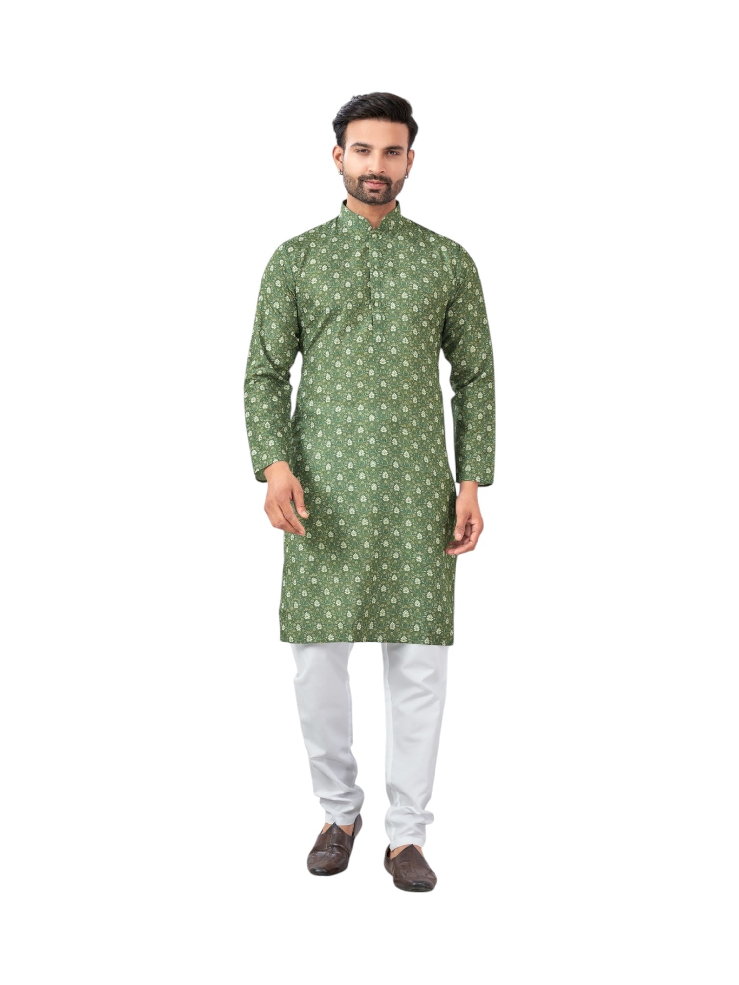 Green men's kurta and pajama set from Saree Ghor Charlotte, traditional cultural wear for men, featuring intricate design details.