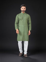 Green traditional men's Kurta Pajama set by Saree Ghor Charlotte, featuring a classic men's kurta with matching pajama.