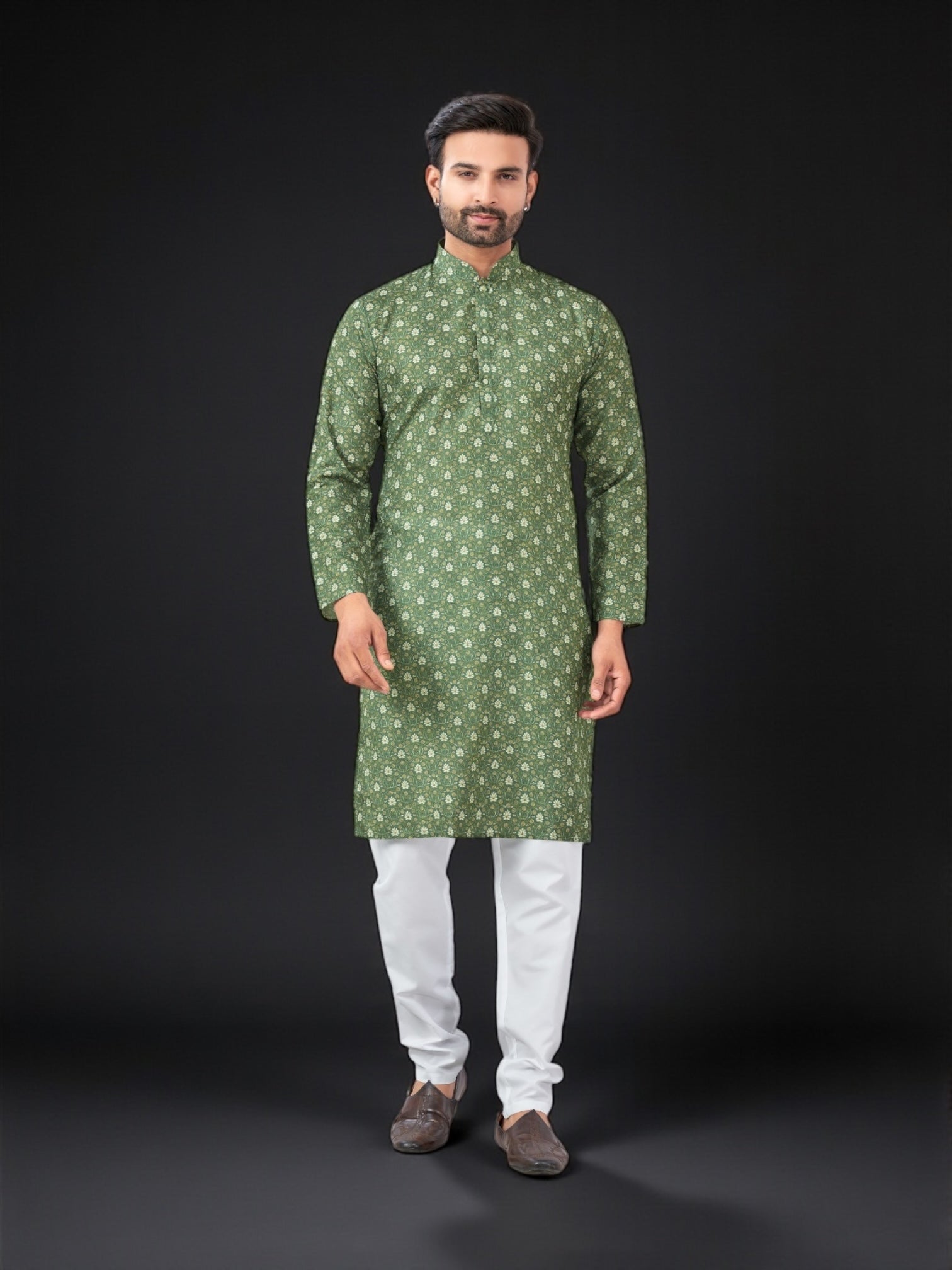 Green traditional men's Kurta Pajama set by Saree Ghor Charlotte, featuring a classic men's kurta with matching pajama.