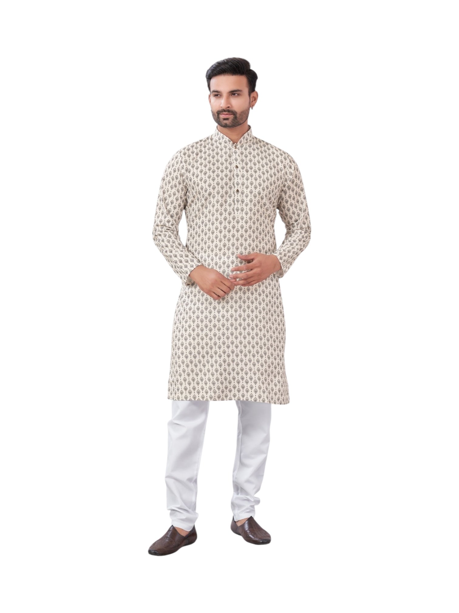 White traditional men's kurta and pajama set by Saree Ghor Charlotte, featuring classic cultural wear with intricate design details.