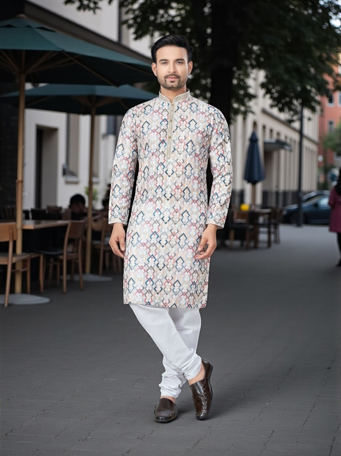 Multicolor printed traditional men's kurta and pajama set by Saree Ghor Charlotte, showcasing vibrant cultural wear for men.
