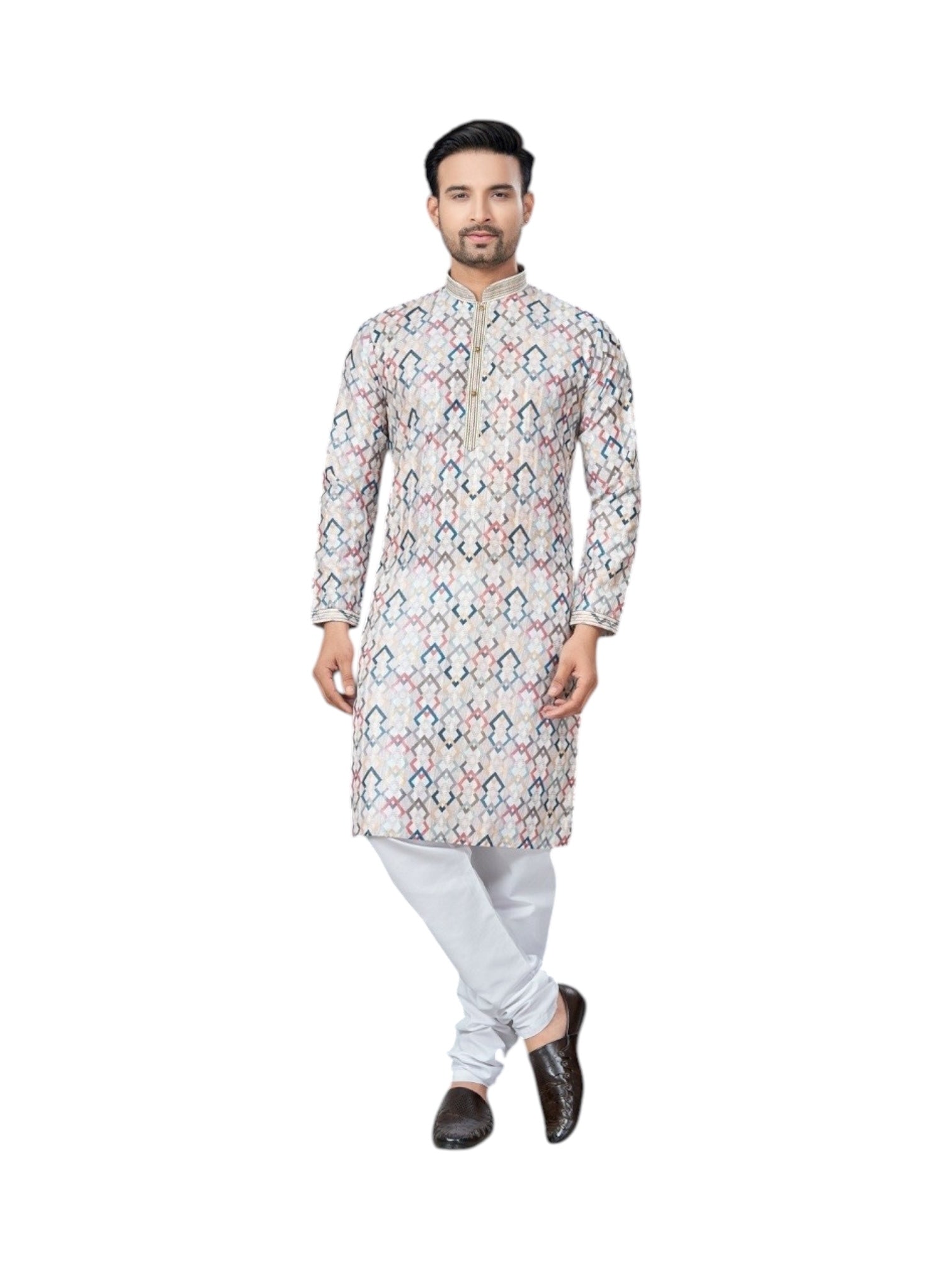 Multicolor printed traditional men's kurta and pajama set by Saree Ghor Charlotte, showcasing vibrant cultural wear for men.