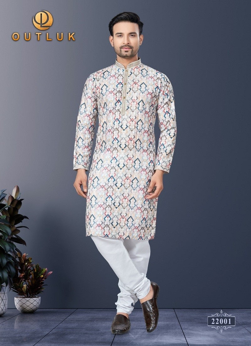 Multicolor printed traditional men's kurta and pajama set from Saree Ghor Charlotte, showcasing vibrant cultural wear for men.