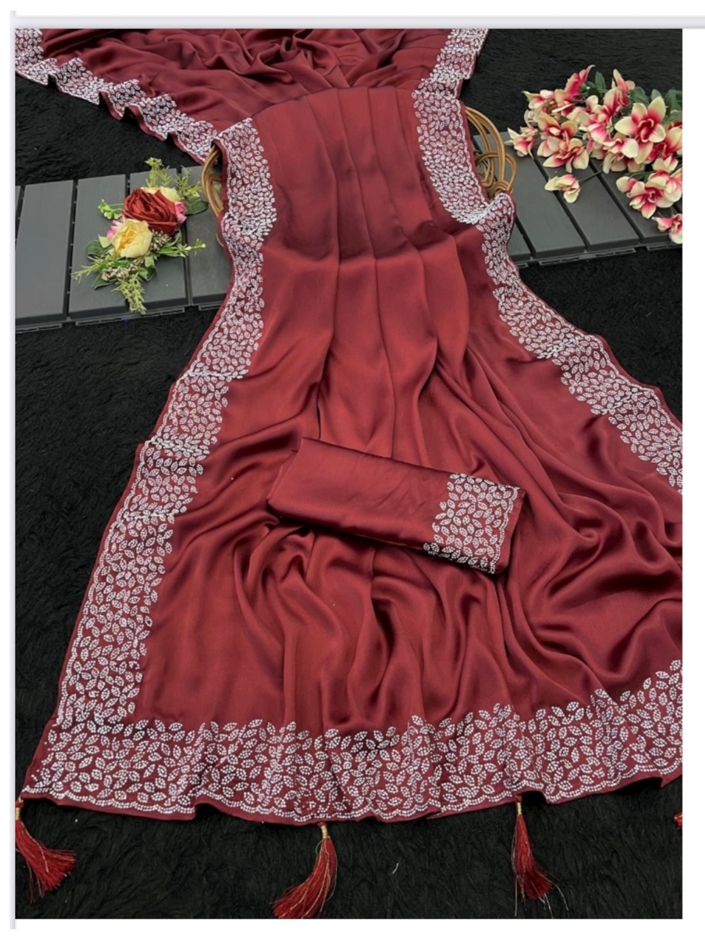 Pure Silk Traditional Saree with Sirvoski Border Work, Cultural Wear for Women