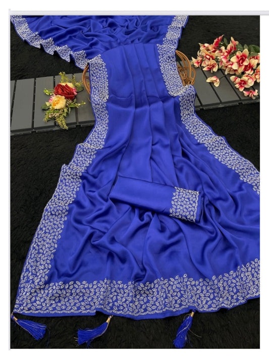 Pure Silk Traditional Saree with Sirvoski Border Work, Cultural Wear for Women