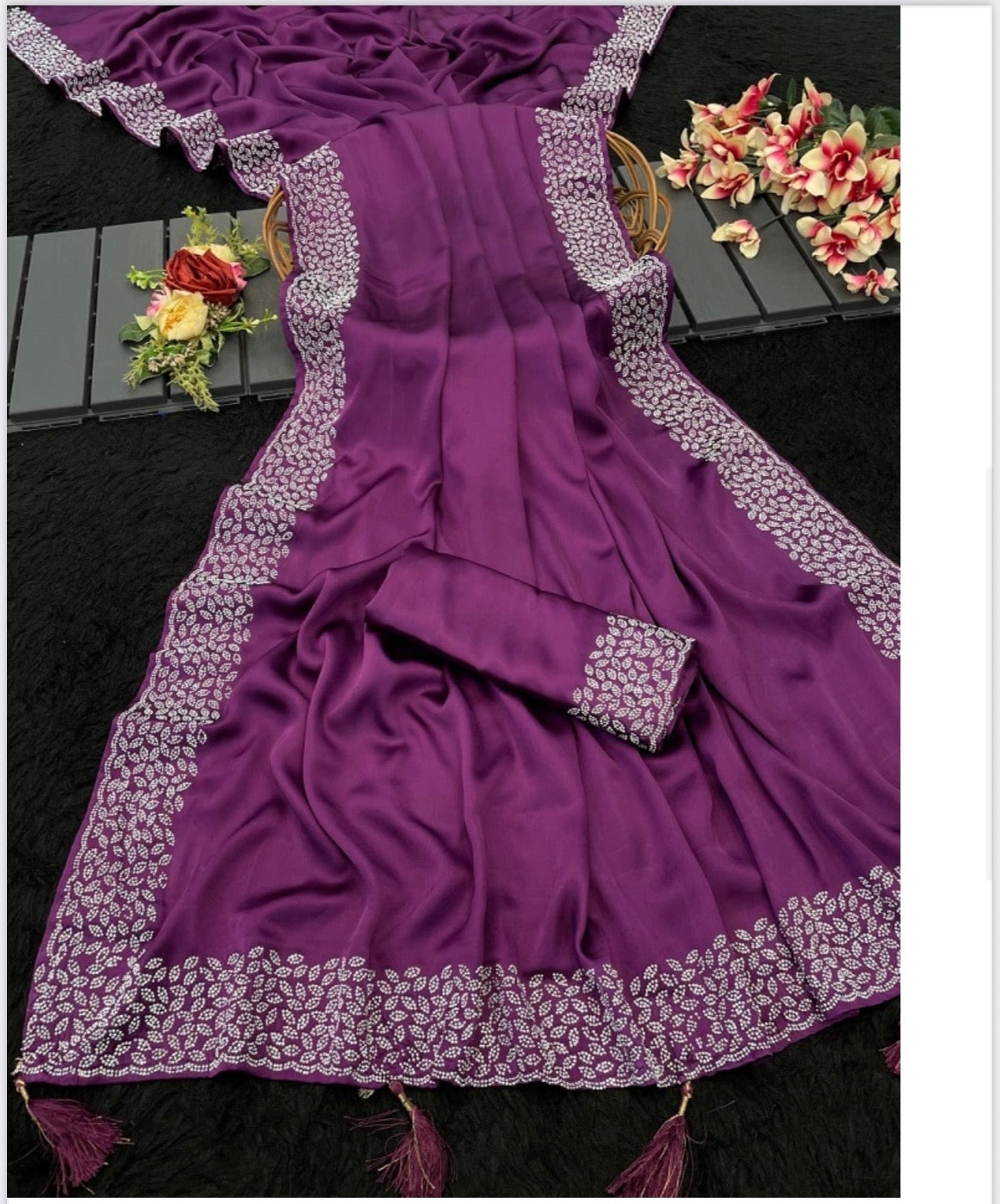 Pure Silk Traditional Saree with Sirvoski Border Work, Cultural Wear for Women