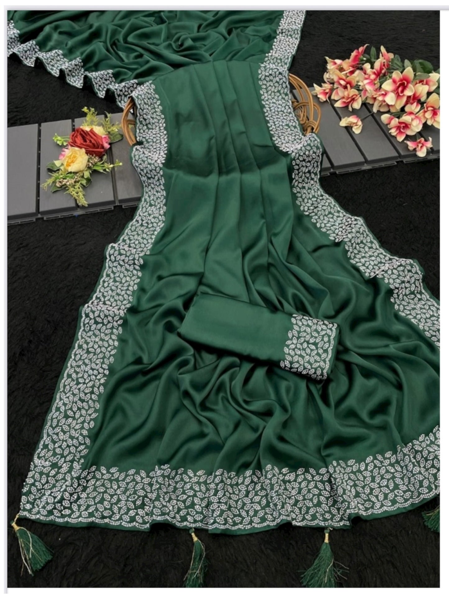 Pure Silk Traditional Saree with Sirvoski Border Work, Cultural Wear for Women