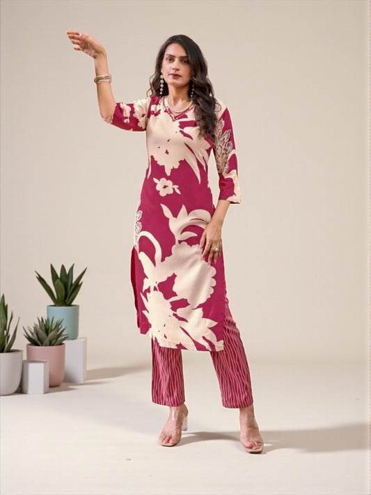 Rayon Print Traditional Two Piece Kurti Set, Cultural Wear for Women