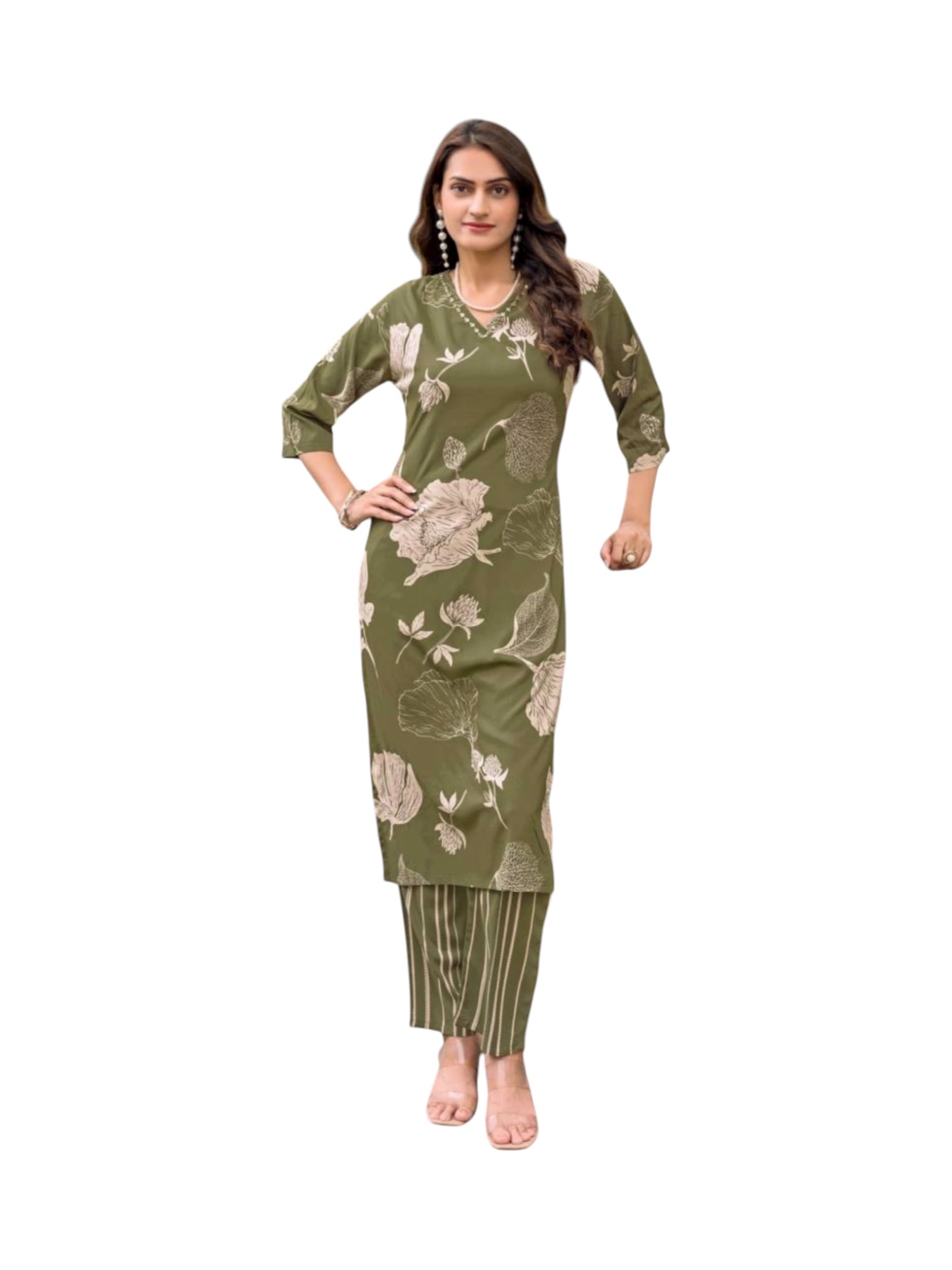 Traditional rayon print two-piece kurti set for women, featuring a colorful salwar kameez design by Saree Ghor Charlotte.