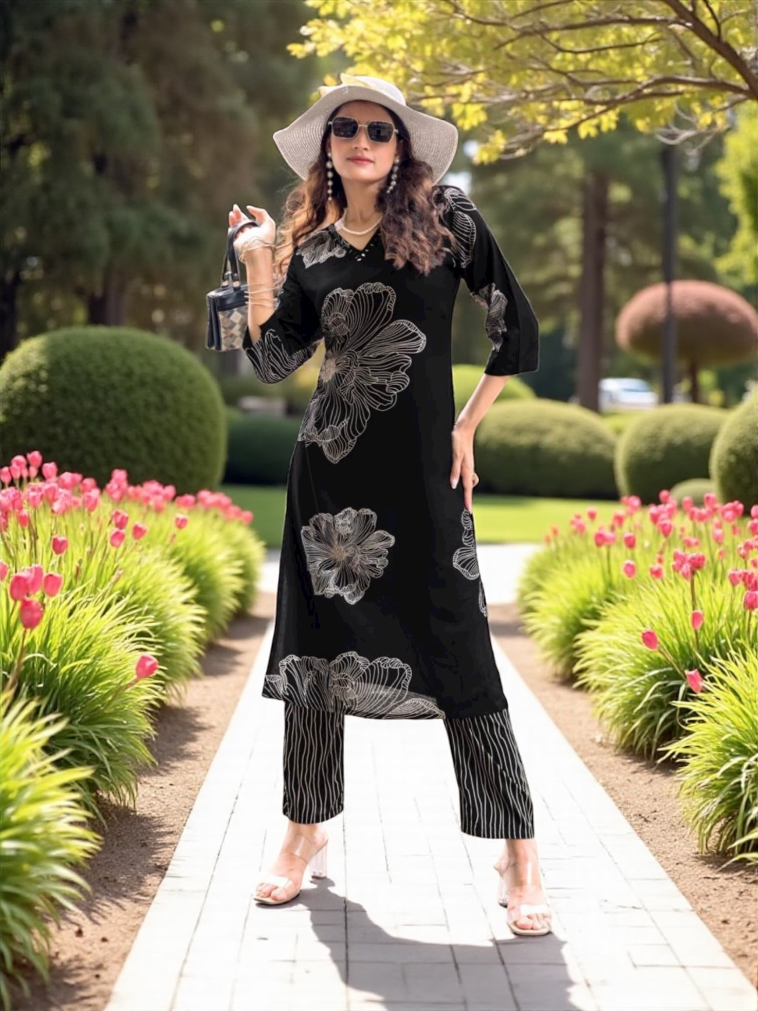 Traditional rayon print two-piece kurti set for women, featuring colorful salwar kameez style from Saree Ghor Charlotte.