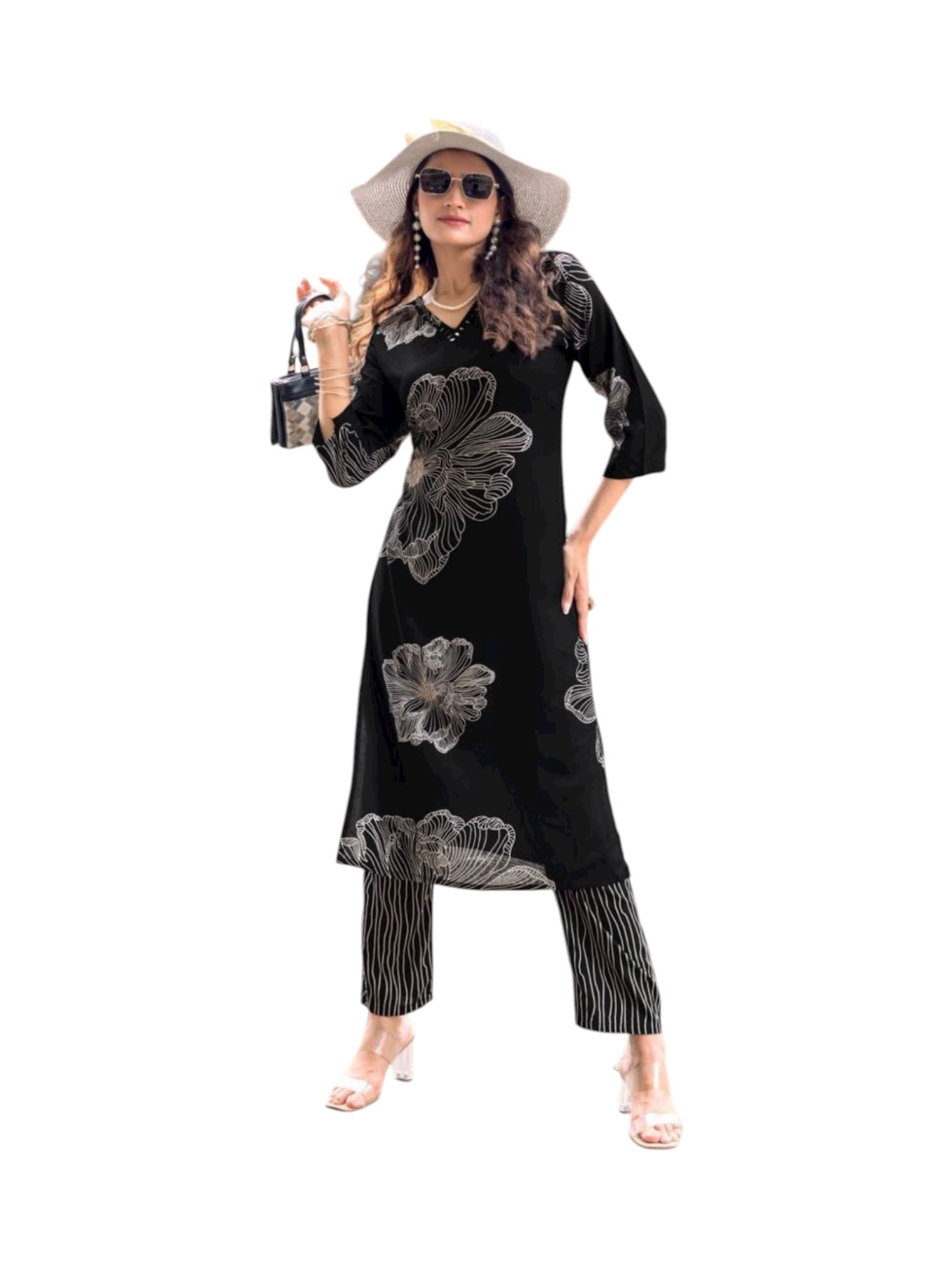 Traditional Rayon print two-piece Kurti set for women, featuring vibrant salwar kameez design from Saree Ghor Charlotte.