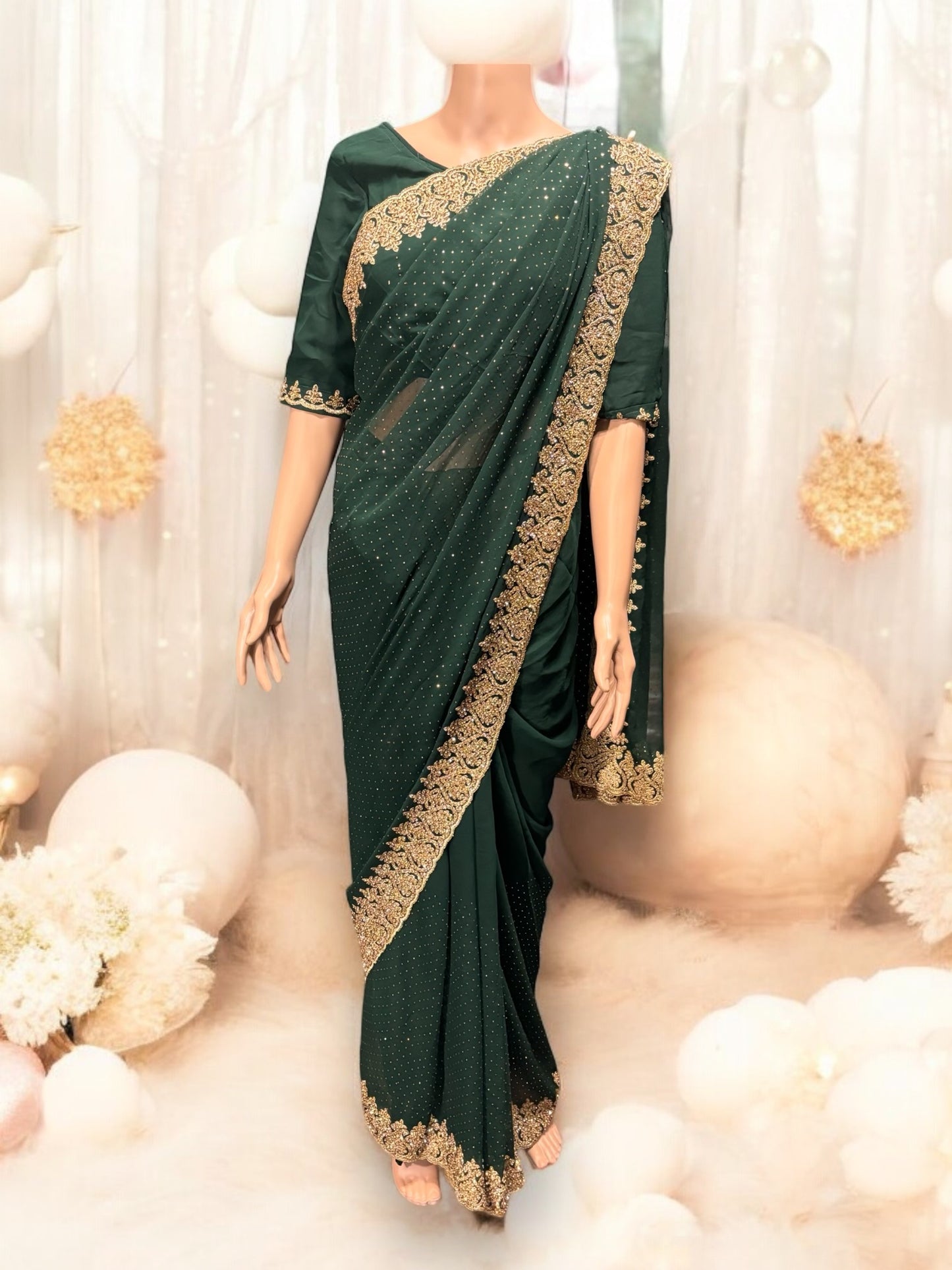 Green Party Wear Stonework Saree with Ready Blouse - 021