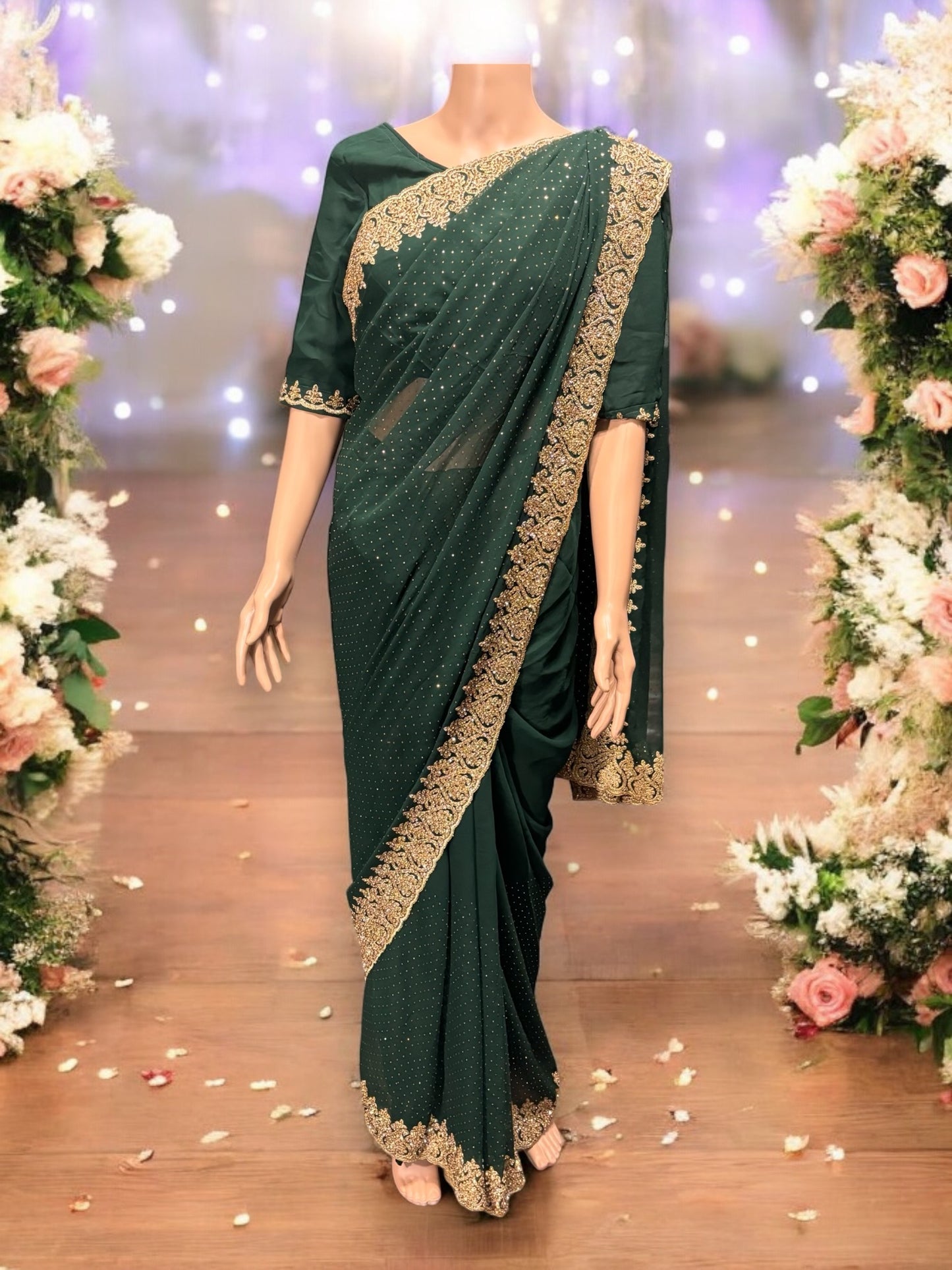 Green Party Wear Stonework Saree with Ready Blouse - 021