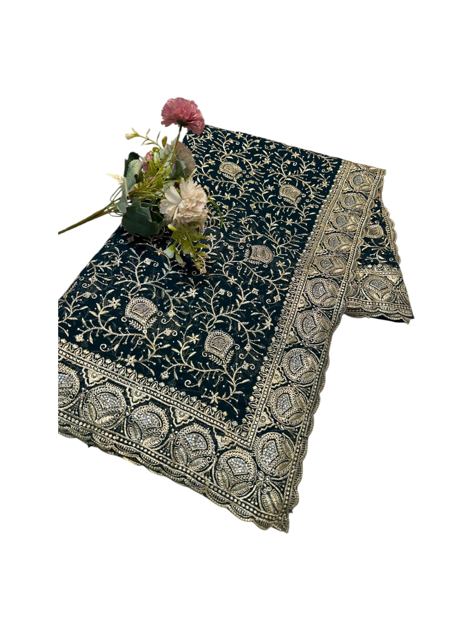 Elegant traditional saree for women from Saree Ghor Charlotte, showcasing intricate fabric and vibrant cultural design.