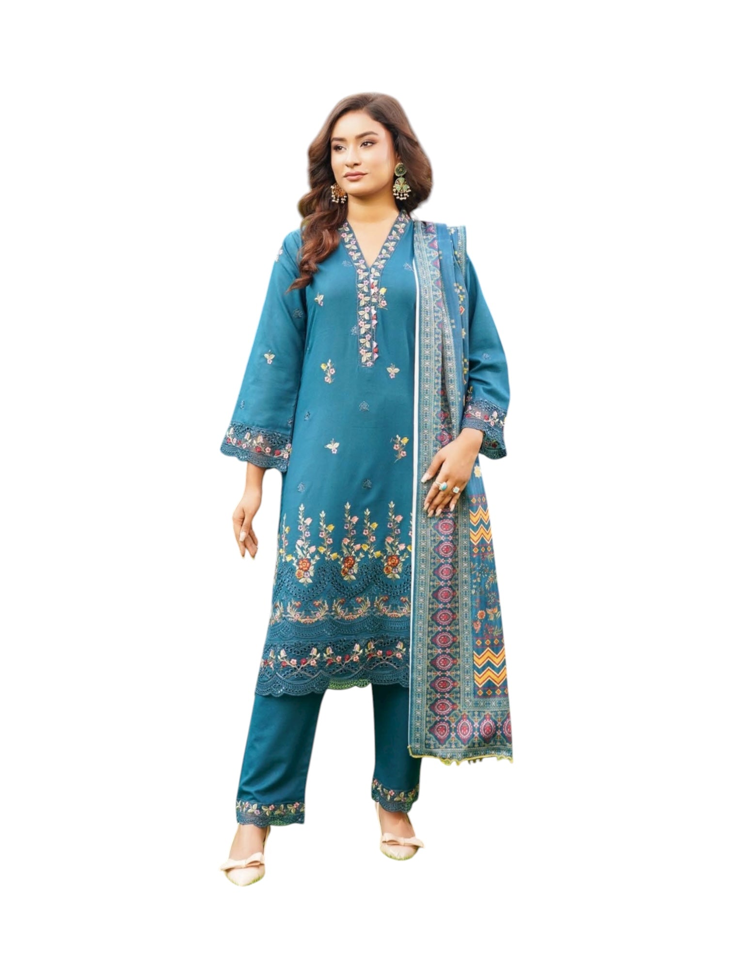 Traditional Pakistani Salwar Kameez for women by Saree Ghor Charlotte, featuring colorful fabric and intricate embroidery.