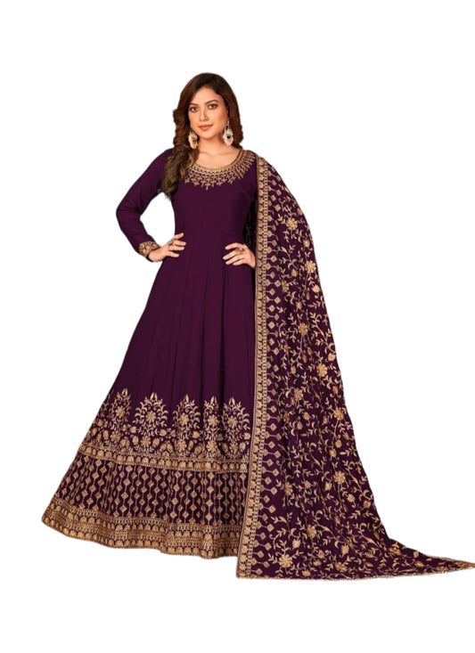 Glamorous Wine Color Faux Georgette Gown with Heavy Work