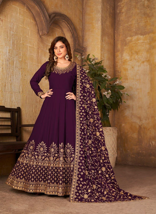 Glamorous Wine Color Faux Georgette Gown with Heavy Work