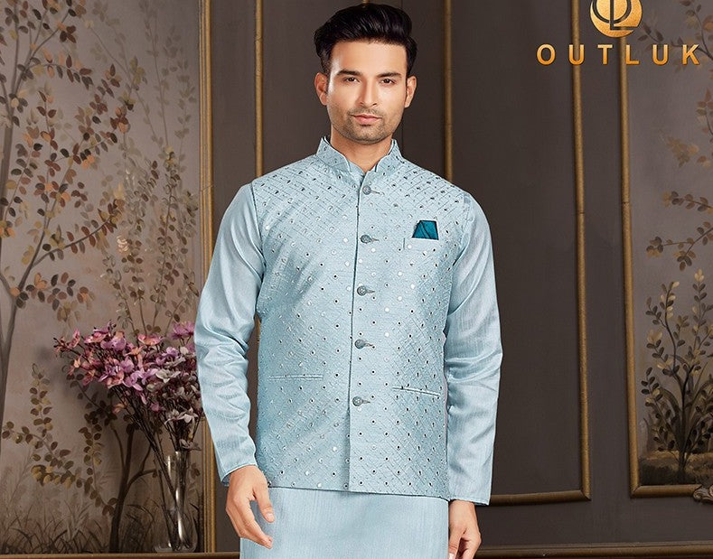 Powder Blue Nehru Jacket With Kurta And Churidaar | Wedding kurta for men,  Indian wedding clothes for men, Men stylish dress