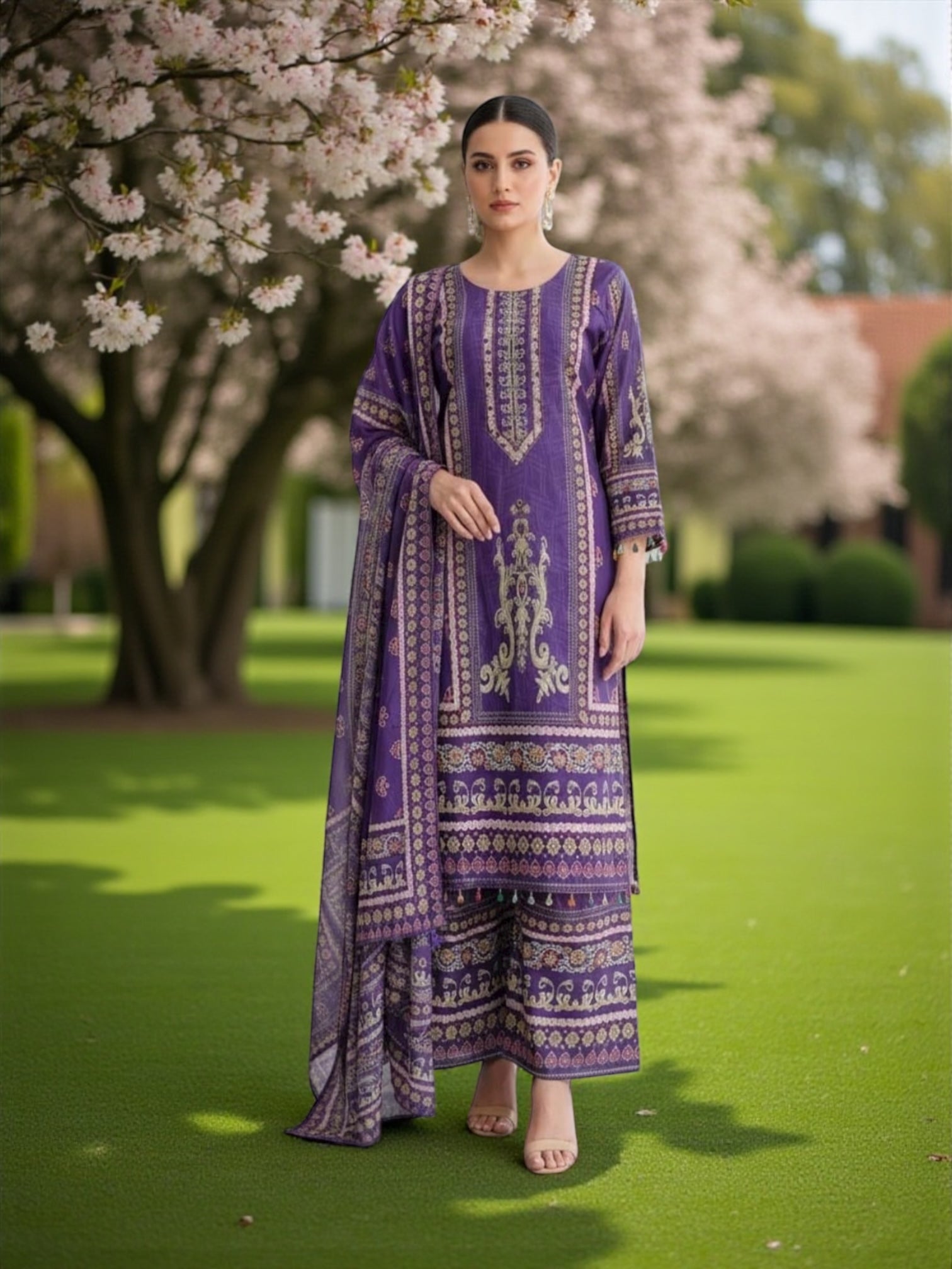 Natural crepe Salwar Kameez for women by Saree Ghor Charlotte, showcasing traditional cultural wear with intricate detailing.