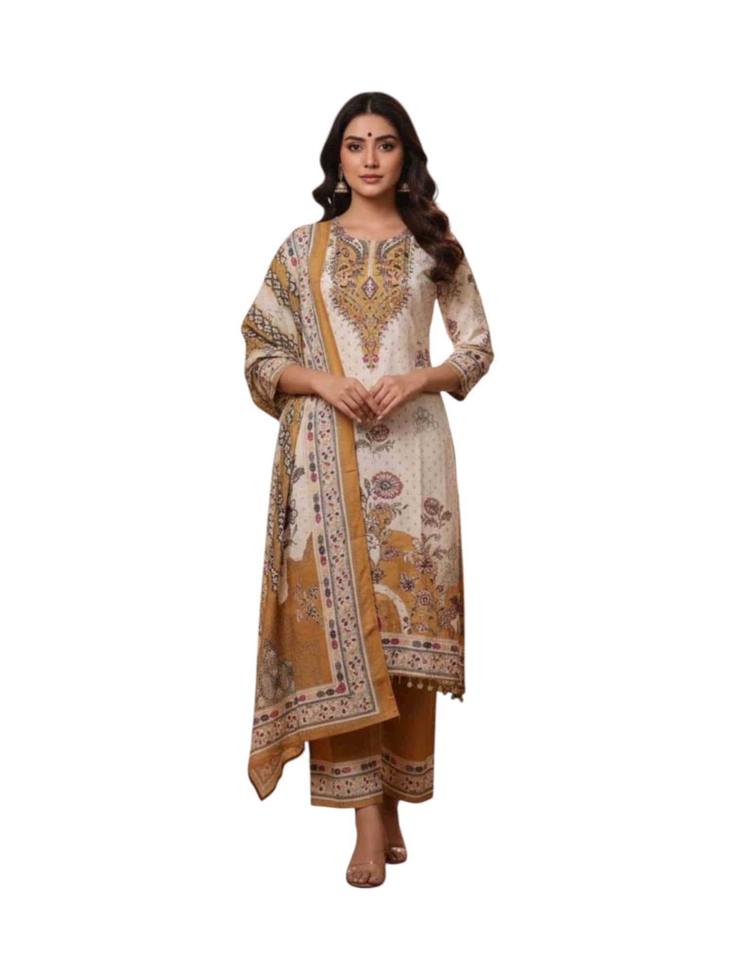 Traditional Maslin Salwar Kameez for women by Saree Ghor Charlotte, showcasing vibrant cultural wear with intricate patterns.