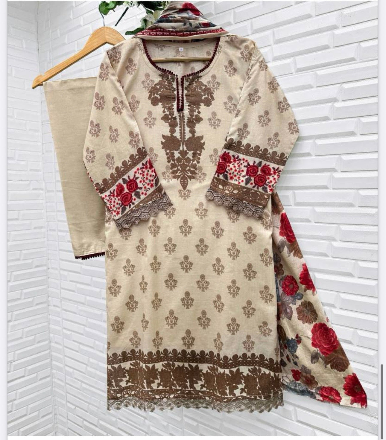 Cotton printed traditional Salwar Kameez for women by Saree Ghor Charlotte, showcasing colorful floral patterns and cultural design.