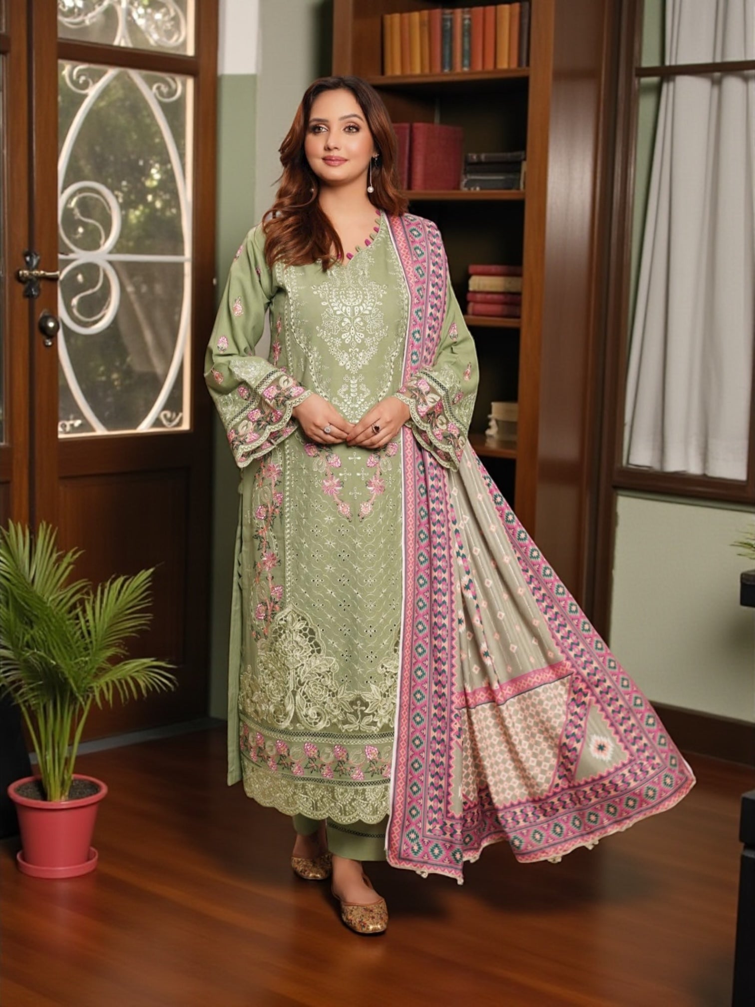 Traditional Pakistani Salwar Kameez by Saree Ghor Charlotte, featuring intricate embroidery and vibrant fabric for women's cultural wear.