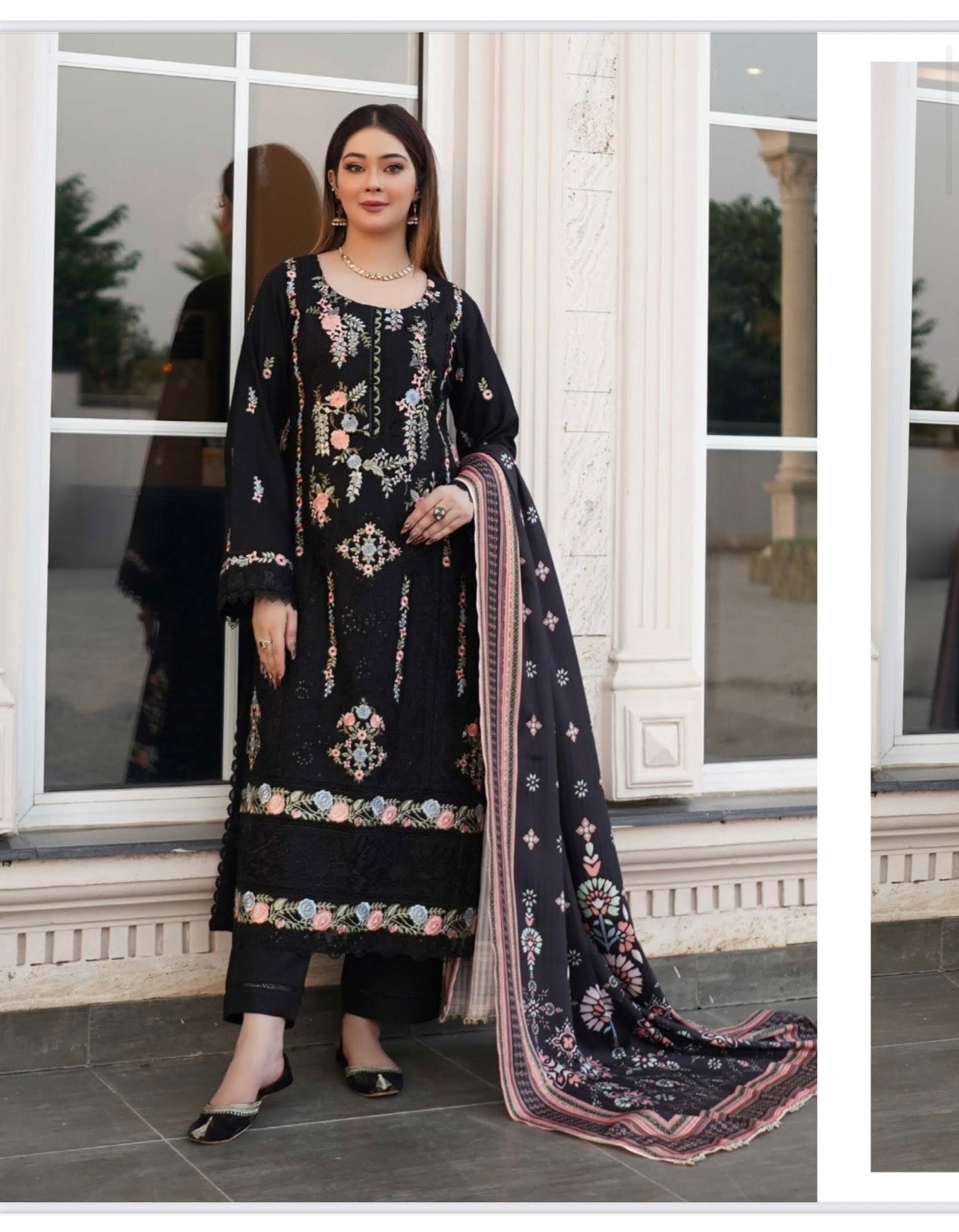 Traditional Pakistani Salwar Kameez for women, colorful cultural wear by Saree Ghor Charlotte, detailed fabric and embroidery visible.