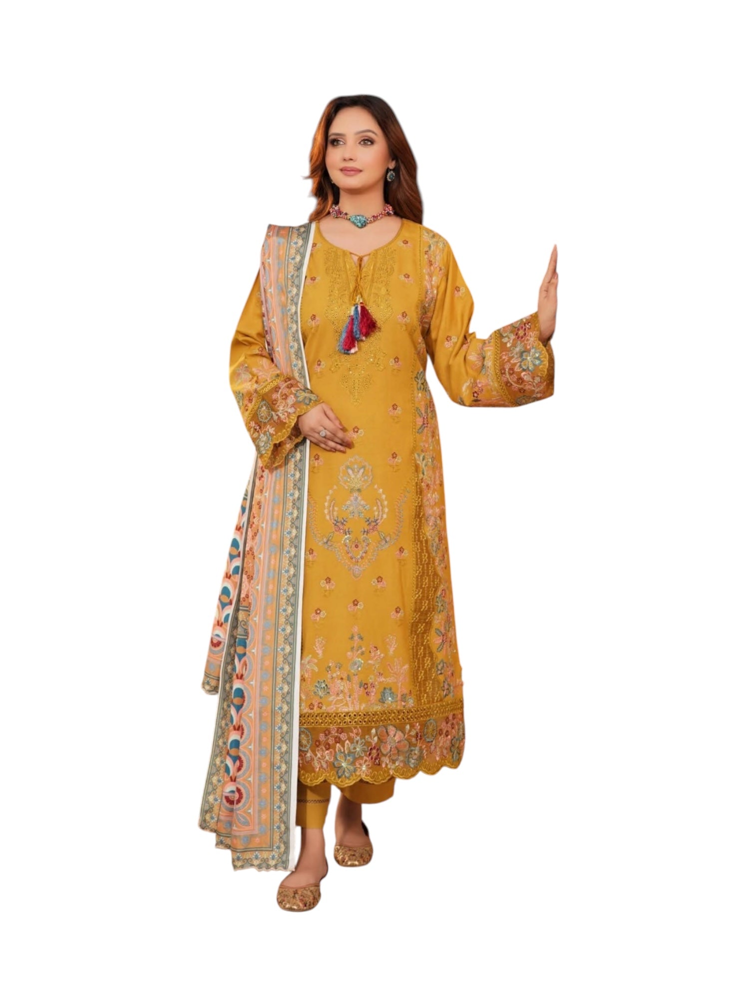 Traditional Pakistani Salwar Kameez by Saree Ghor Charlotte, showcasing vibrant cultural wear with intricate embroidery and flowing fabric.