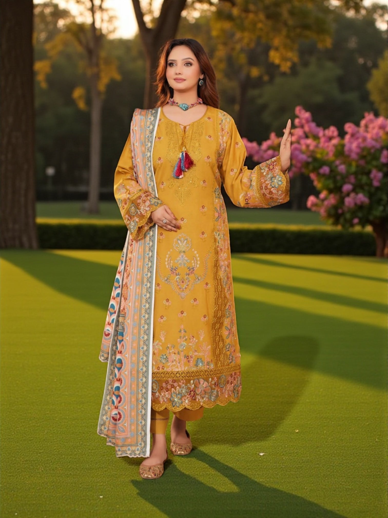 Traditional Pakistani Salwar Kameez for women, cultural wear from Saree Ghor Charlotte featuring vibrant fabric and intricate embroidery.