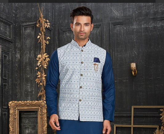 Classic Blue Festive Wear Cotton Kurta Pajama Set with Elegant Jacket