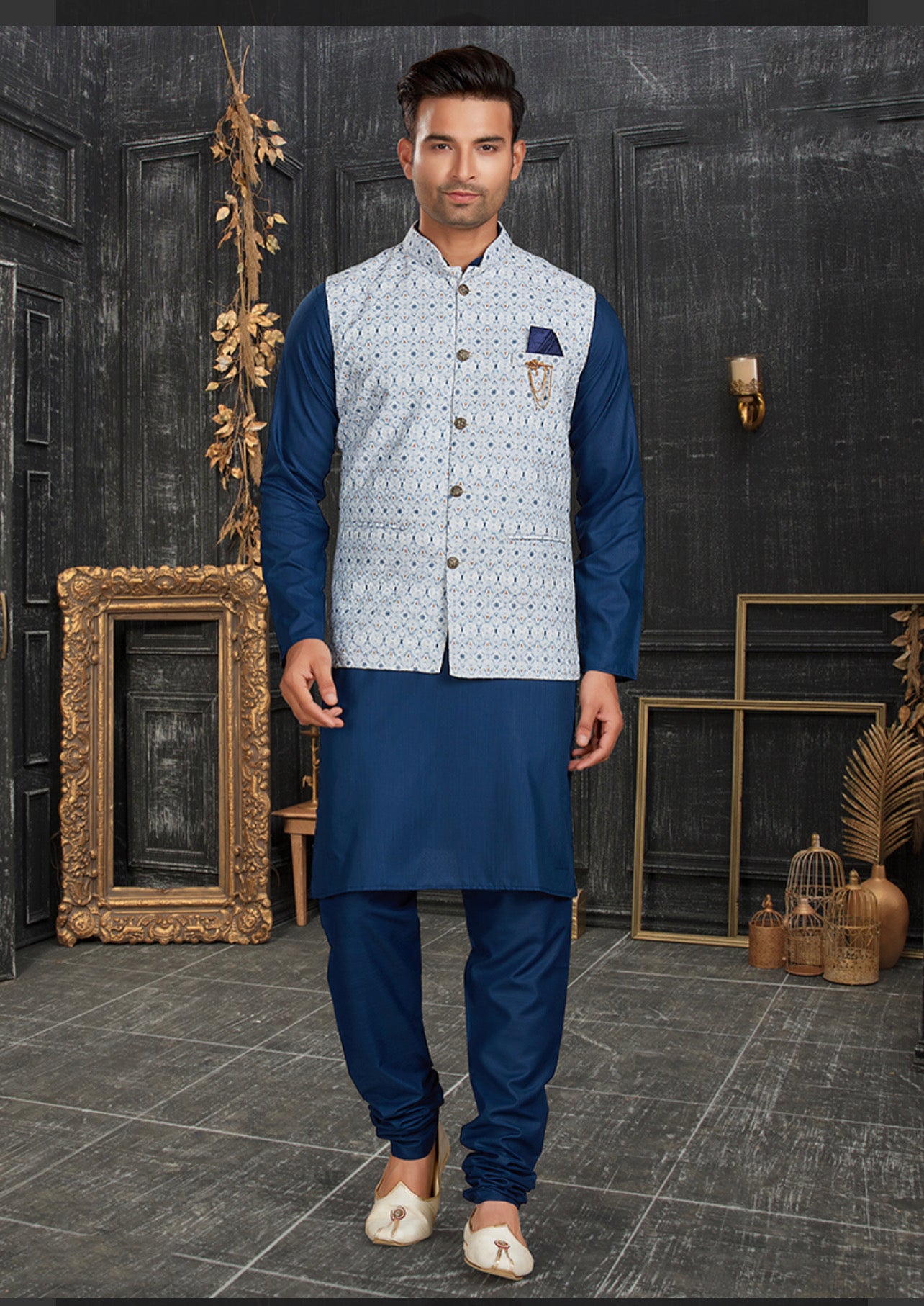 Classic Blue Festive Wear Cotton Kurta Pajama Set with Elegant Jacket