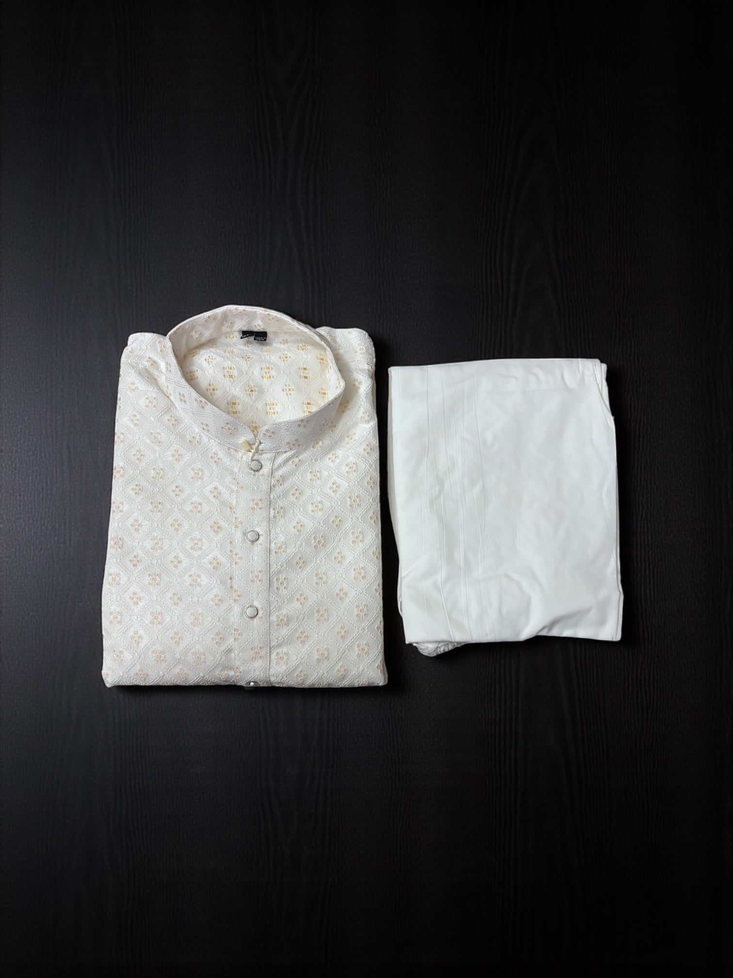 Men's Off White traditional Kurta from Saree Ghor Charlotte with matching pajama, ideal for cultural wear.