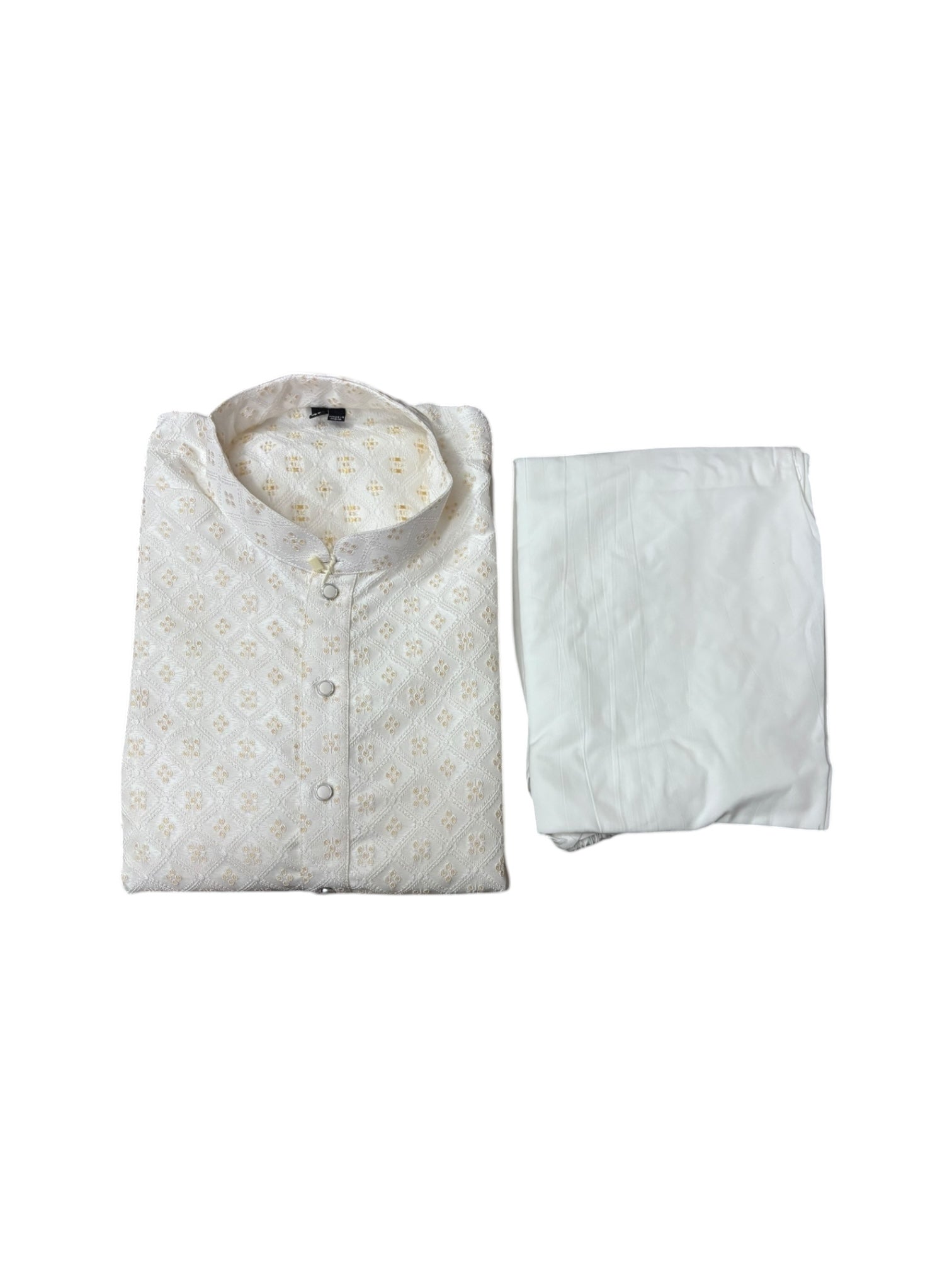 Men's traditional off-white kurta and pajama set by Saree Ghor Charlotte, cultural wear for men, front view.