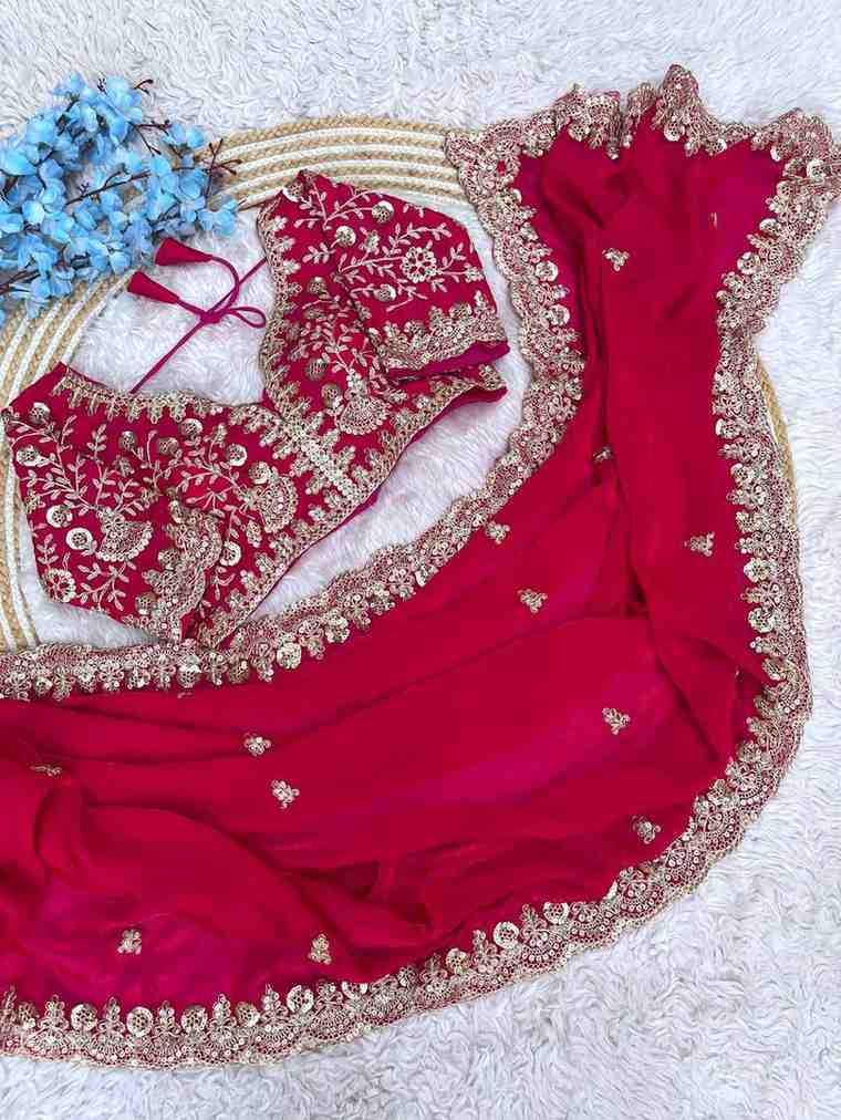 Traditional Saree with ready blouse from Saree Ghor Charlotte, featuring intricate patterns and vibrant colors for cultural wear.