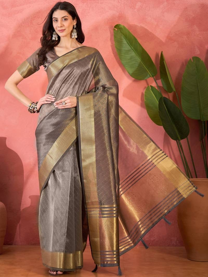 Khadi Organza Saree with Ready Blouse, Cultural Wear for Women