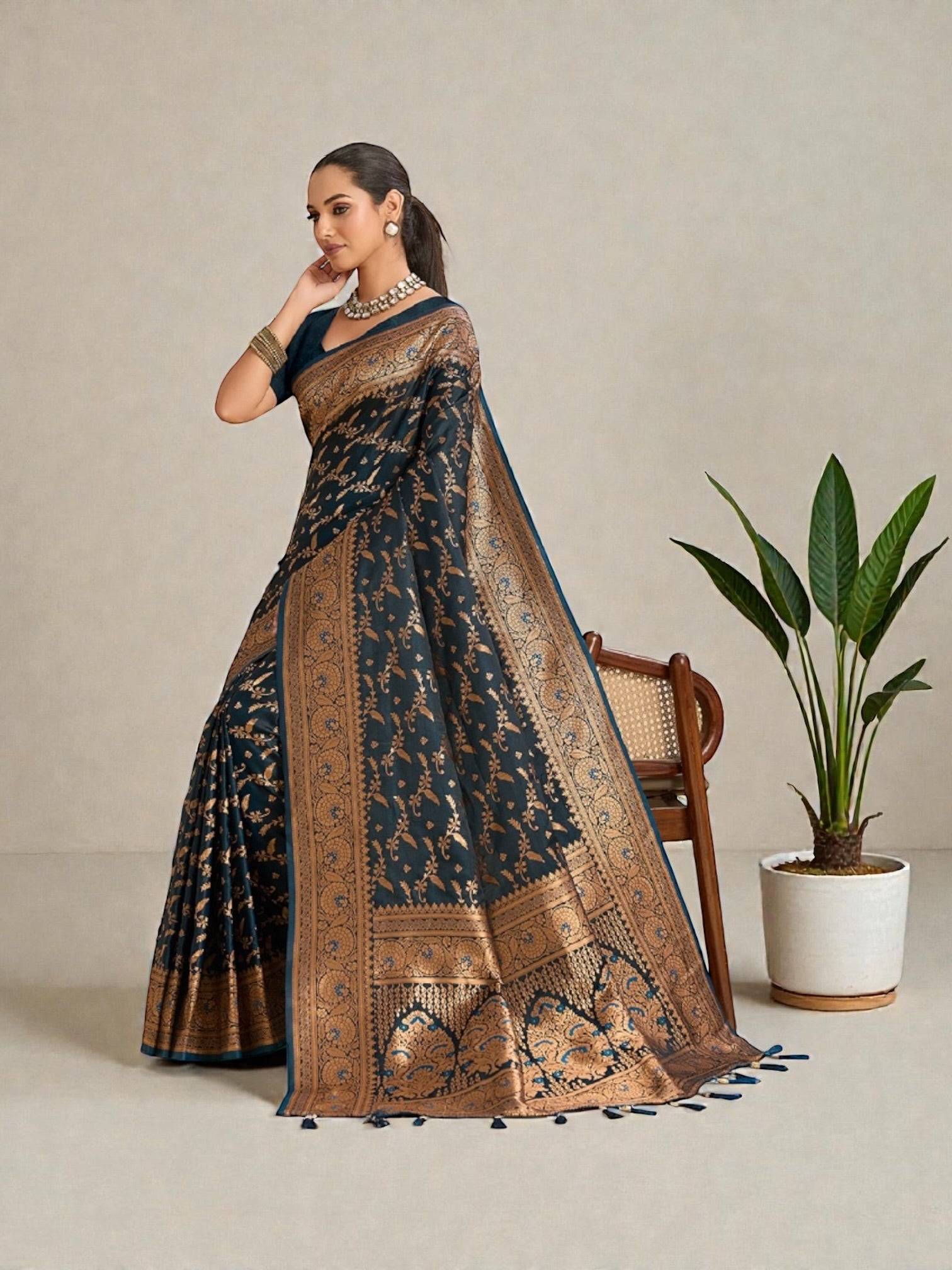 Soft silk traditional saree for women from Saree Ghor Charlotte, featuring elegant cultural wear with intricate details.