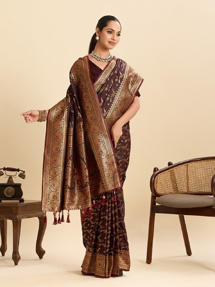 Elegant soft silk saree from Saree Ghor Charlotte featuring traditional cultural wear for women, with intricate design details.
