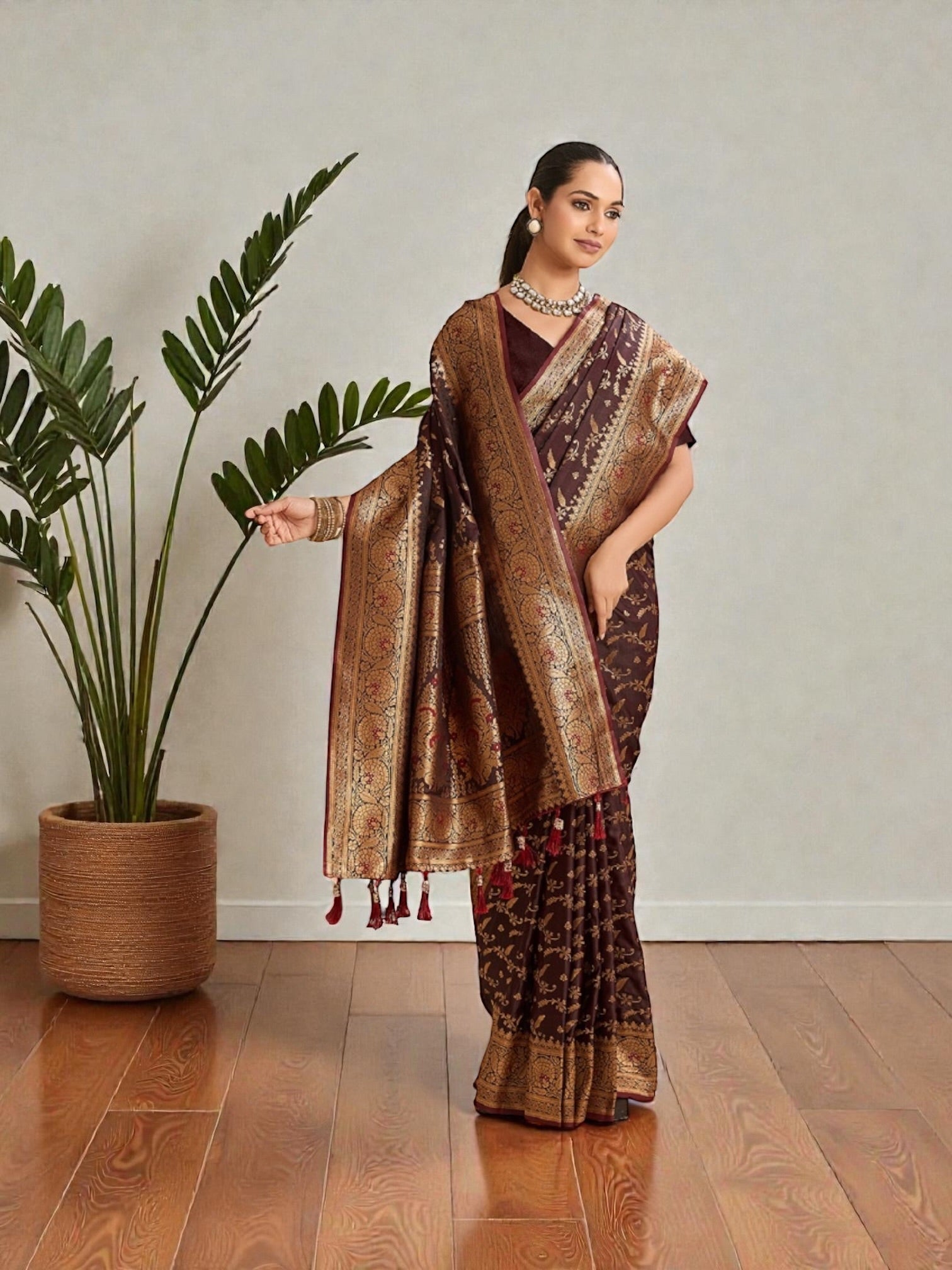 Soft silk traditional saree from Saree Ghor Charlotte featuring elegant cultural wear for women, with intricate draping and vibrant colors.