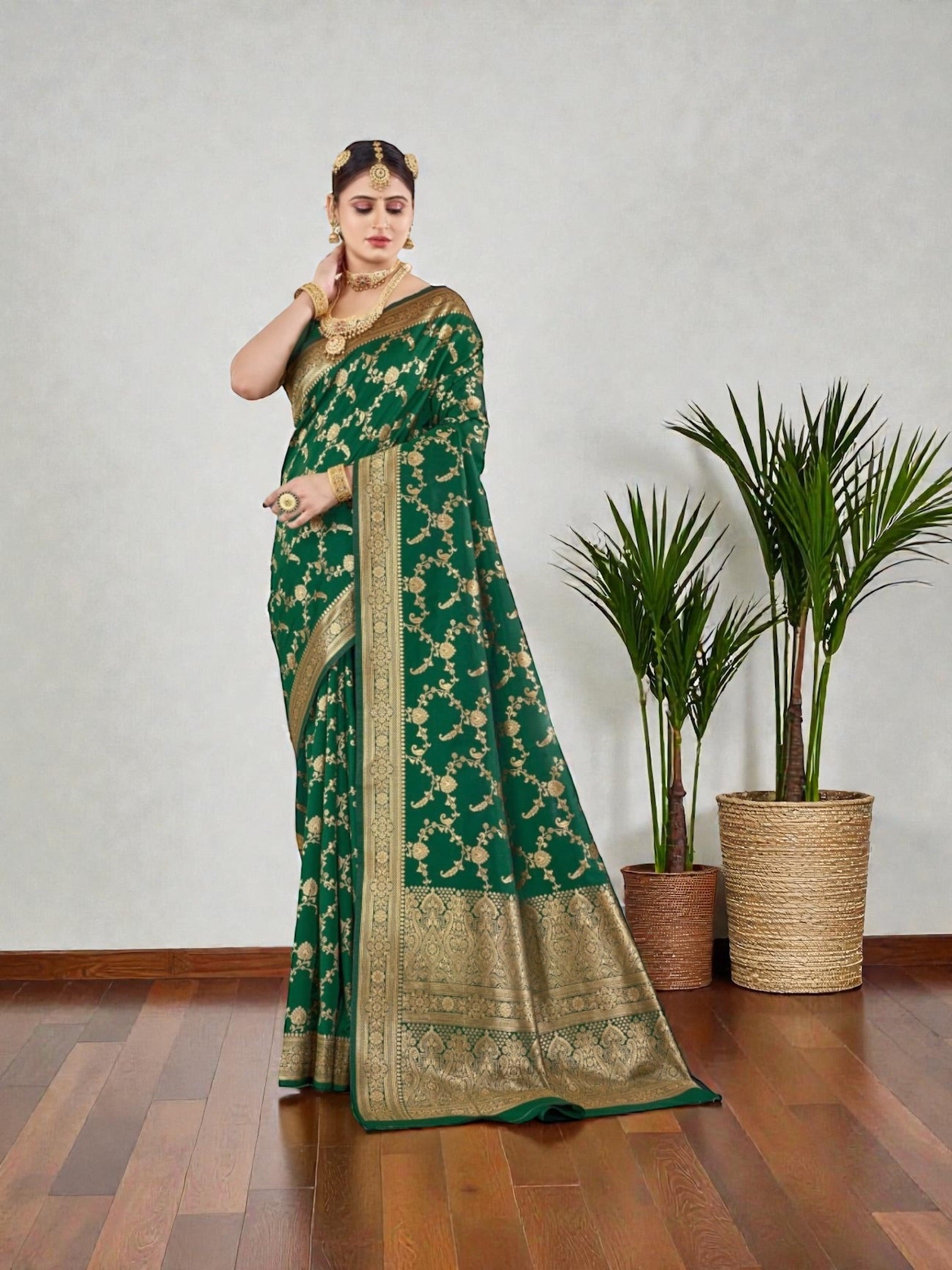 Elegant Katan Silk Saree by Saree Ghor Charlotte, showcasing traditional Indian cultural wear for women with intricate designs.