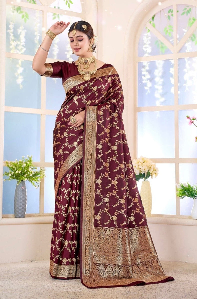 Elegant Katan Silk traditional saree by Saree Ghor Charlotte, showcasing intricate design and vibrant cultural wear for women.