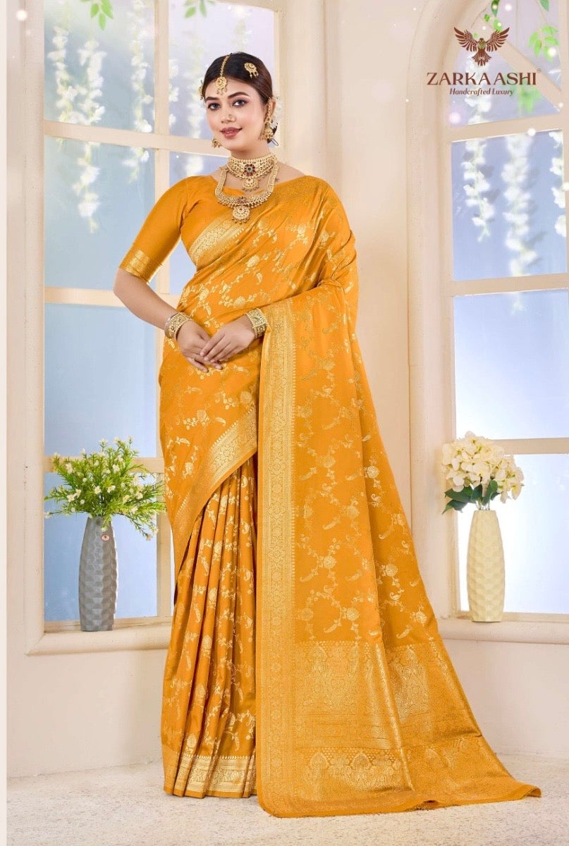 Elegant Katan Silk saree from Saree Ghor Charlotte, showcasing intricate traditional design and vibrant cultural wear for women.