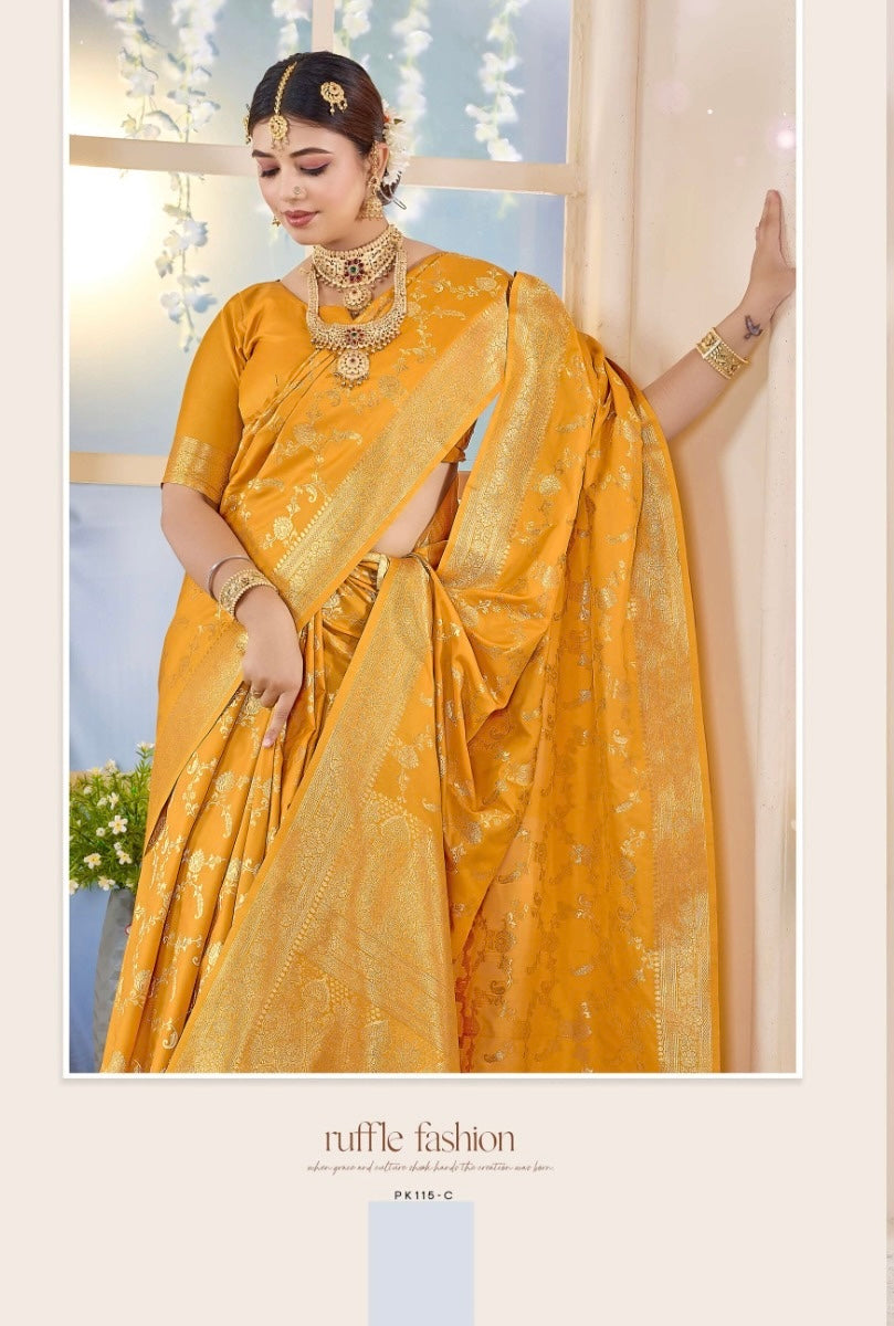 Elegant Katan Silk traditional saree for women by Saree Ghor Charlotte, showcasing intricate silk fabric and vibrant cultural design.